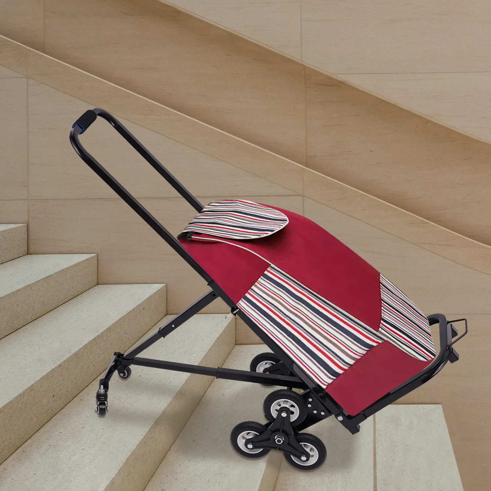 Carretilla de mano plegable para escalones, hasta 150 kg, chasis de tres ruedas, con mango extralargo (longitud ajustable 73-114 cm) para carretilla de transporte