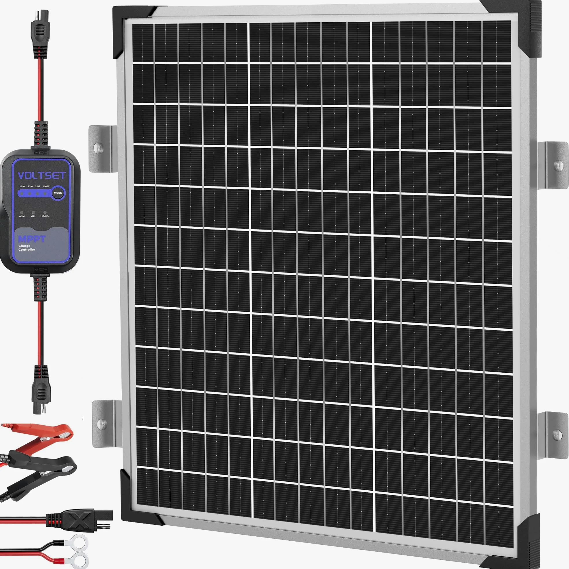 Voltset Kit de panel solar de 50 W y 12 V con controlador MPPT, cargador de batería solar, panel solar impermeable con soporte de montaje ajustable para barco, caravana, motocicleta, marina