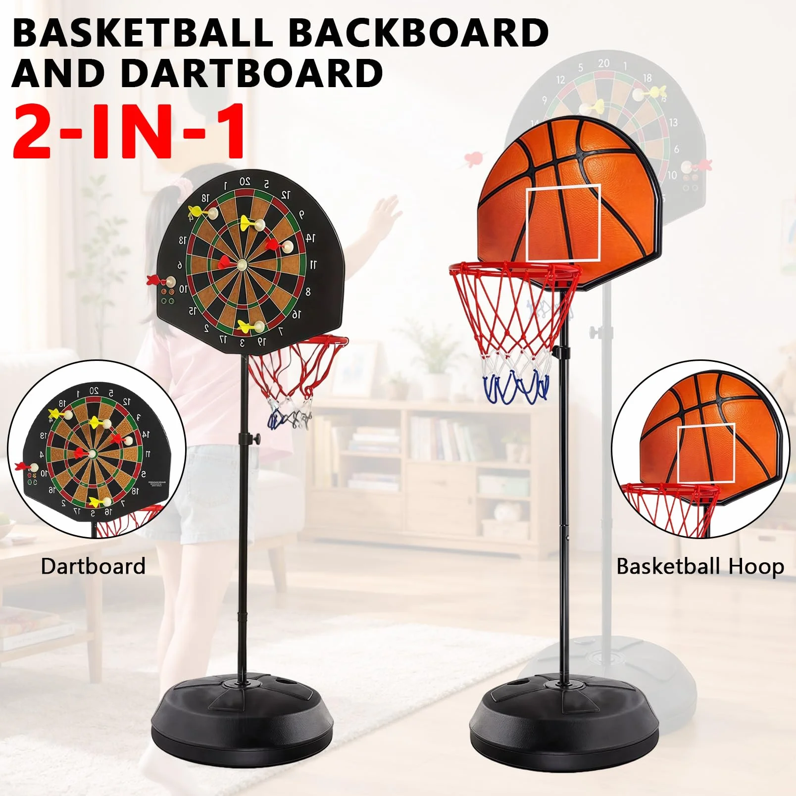 Canasta de baloncesto 2 en 1 exterior con diana, altura ajustable 118-140 cm