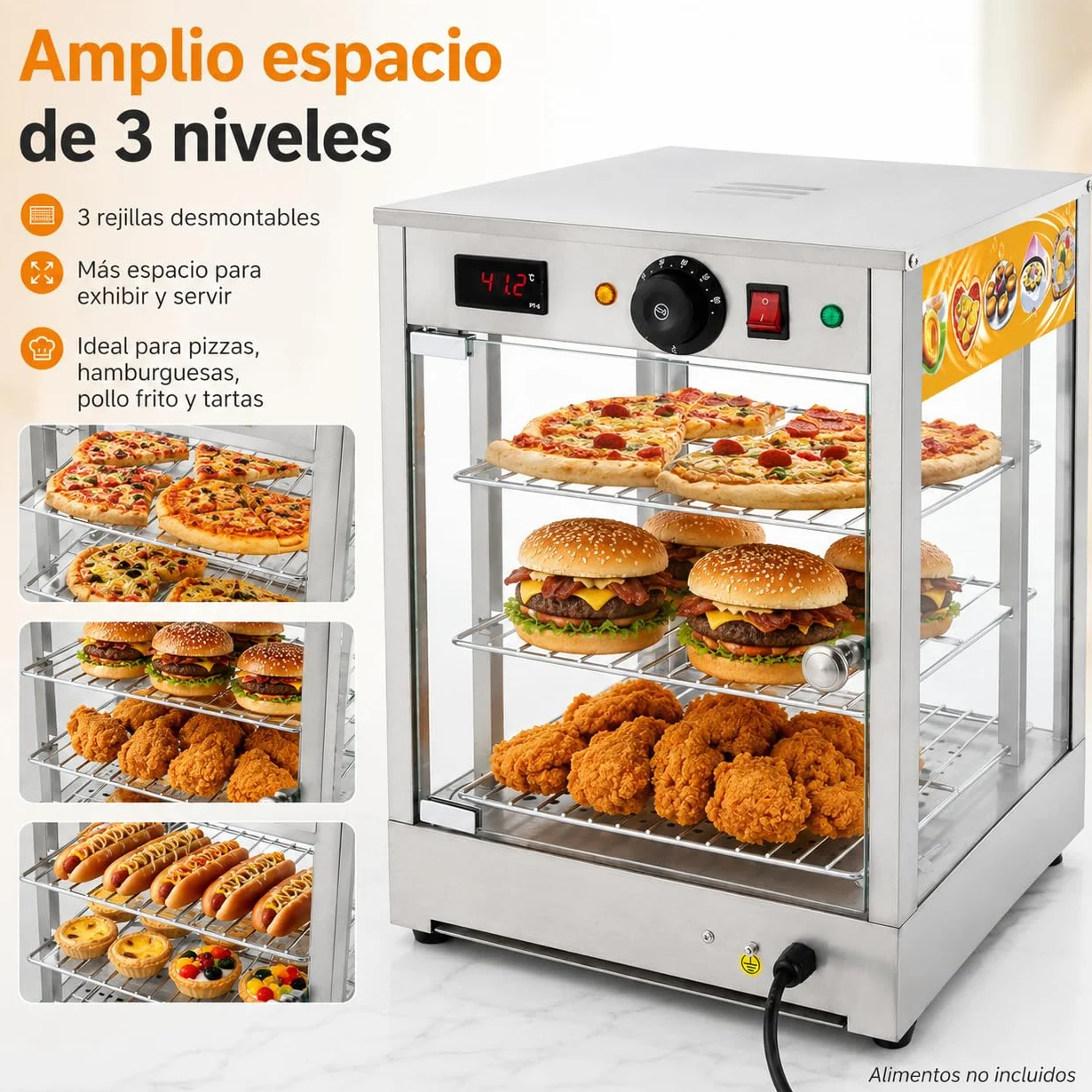 800 W - Vitrina para mantener el calor (3 niveles, 30-85 ℃, con función termostática, 220 V, 37,5 x 35,7 x 47,5 cm)