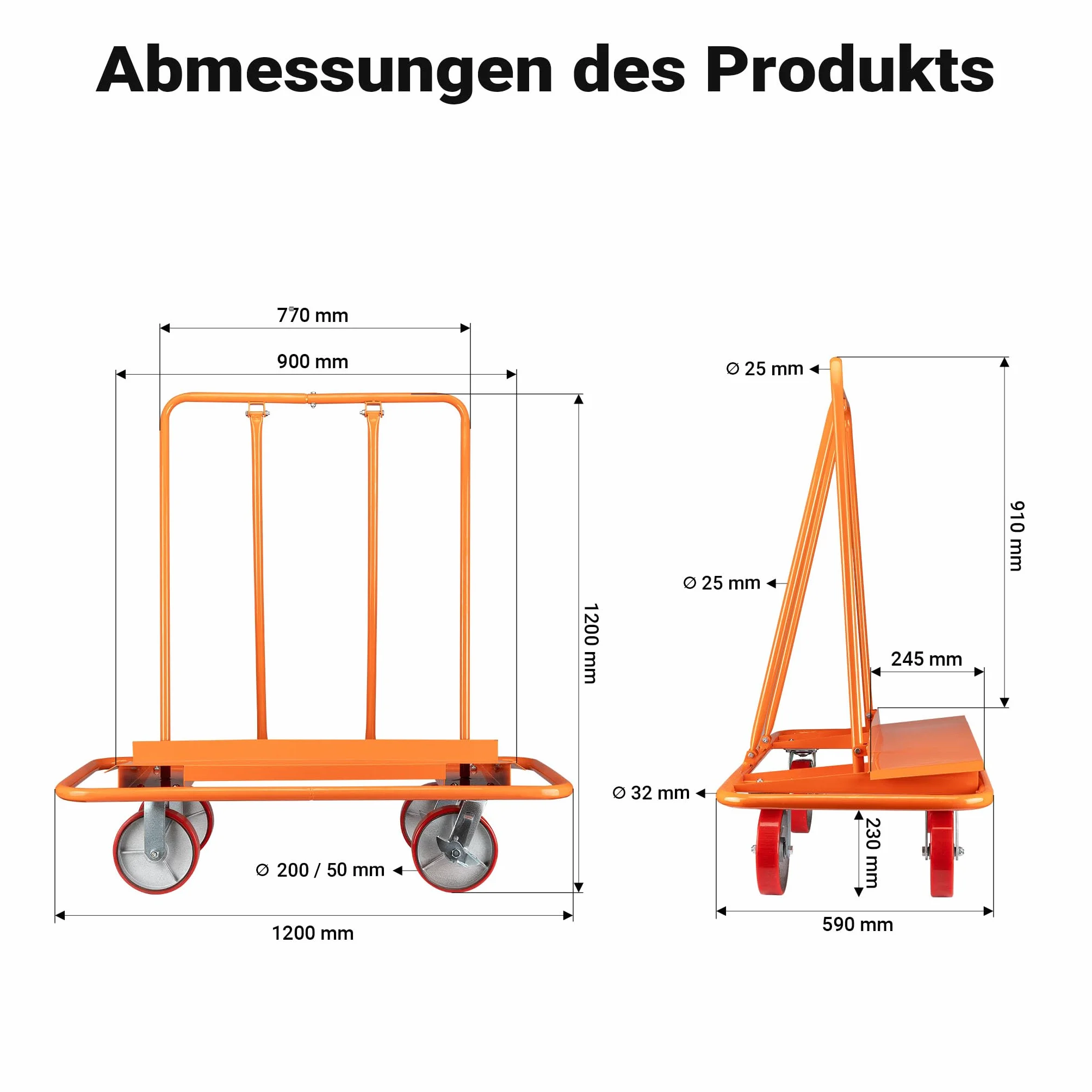 Wiltec Carrito para Paneles de Yeso 1500 kg con Ruedas de 200 mm con Frenos Estructura de Acero Resistente Transporte de Placas de Yeso cartón Madera tableros MDF construcción y reformas