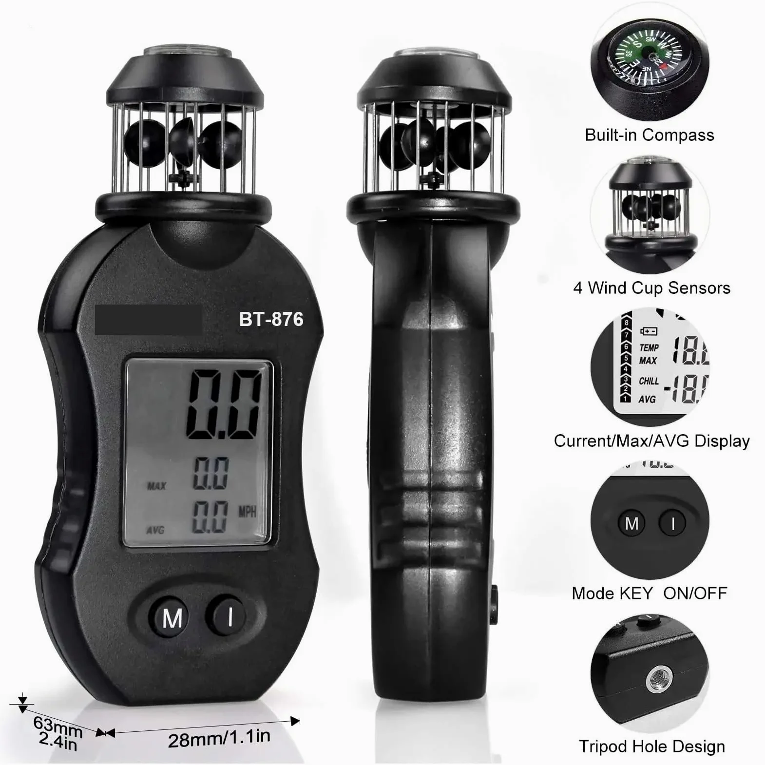 Anemómetro digital de copa, medidor de flujo de aire for medir la velocidad y el volumen en sistemas de ventilación de climatización, tiro y navegación.