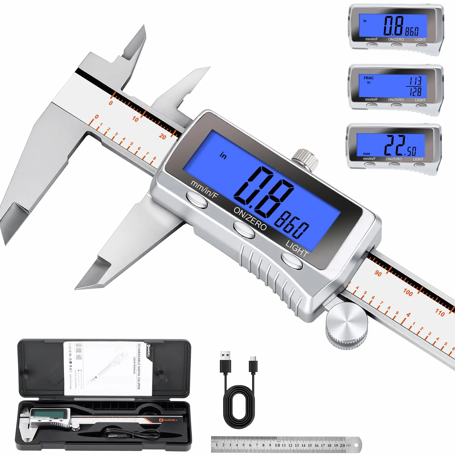 Calibre Digital 6 Pulgadas Pie de Rey LCD Retroiluminada Micrómetro Recargable Apagado Automático Pulgadas/MM/Fracciones