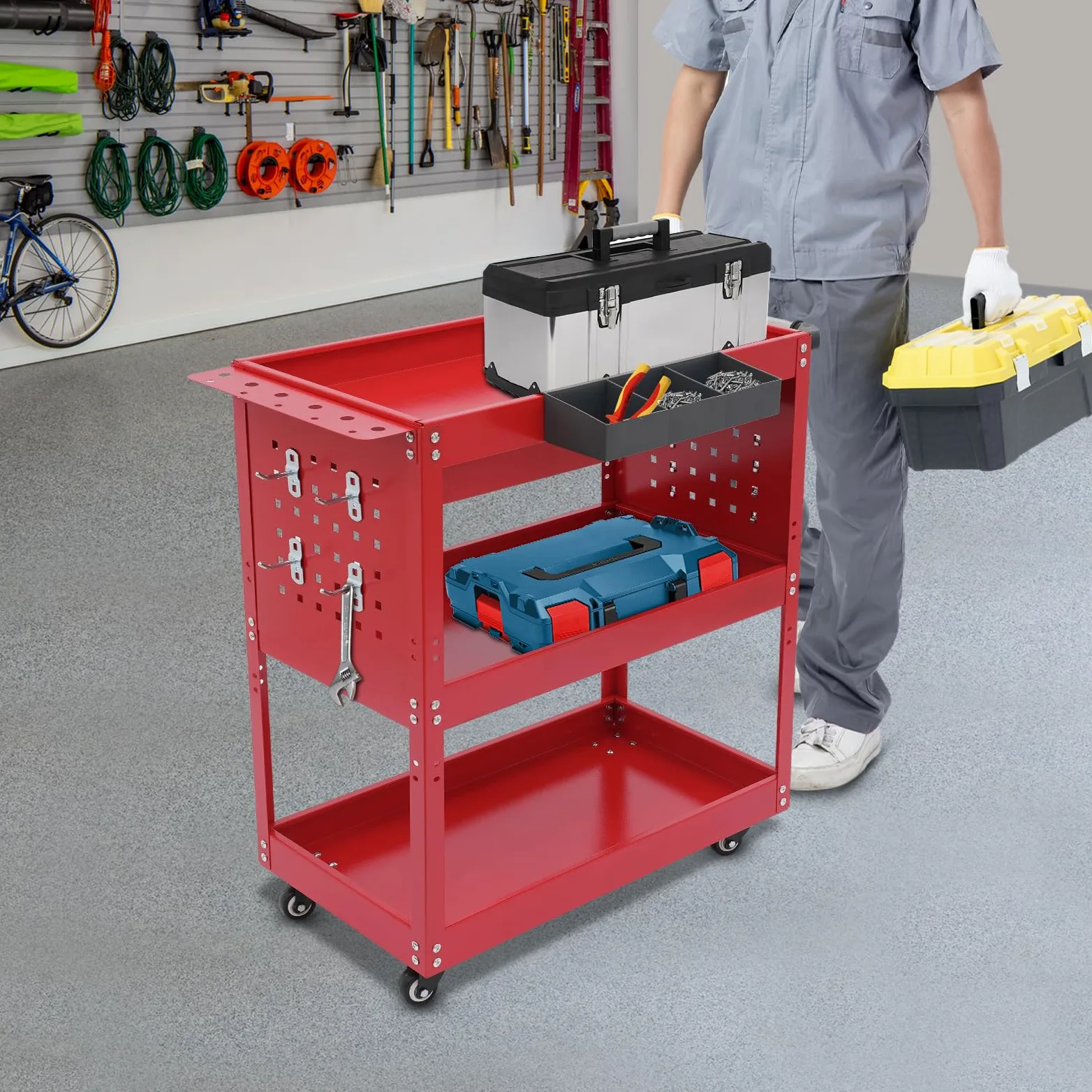 Carro de herramientas con 3 niveles, con cajón y ruedas con cerradura, capacidad de carga de 250 kg para almacén, garaje o taller (rojo)