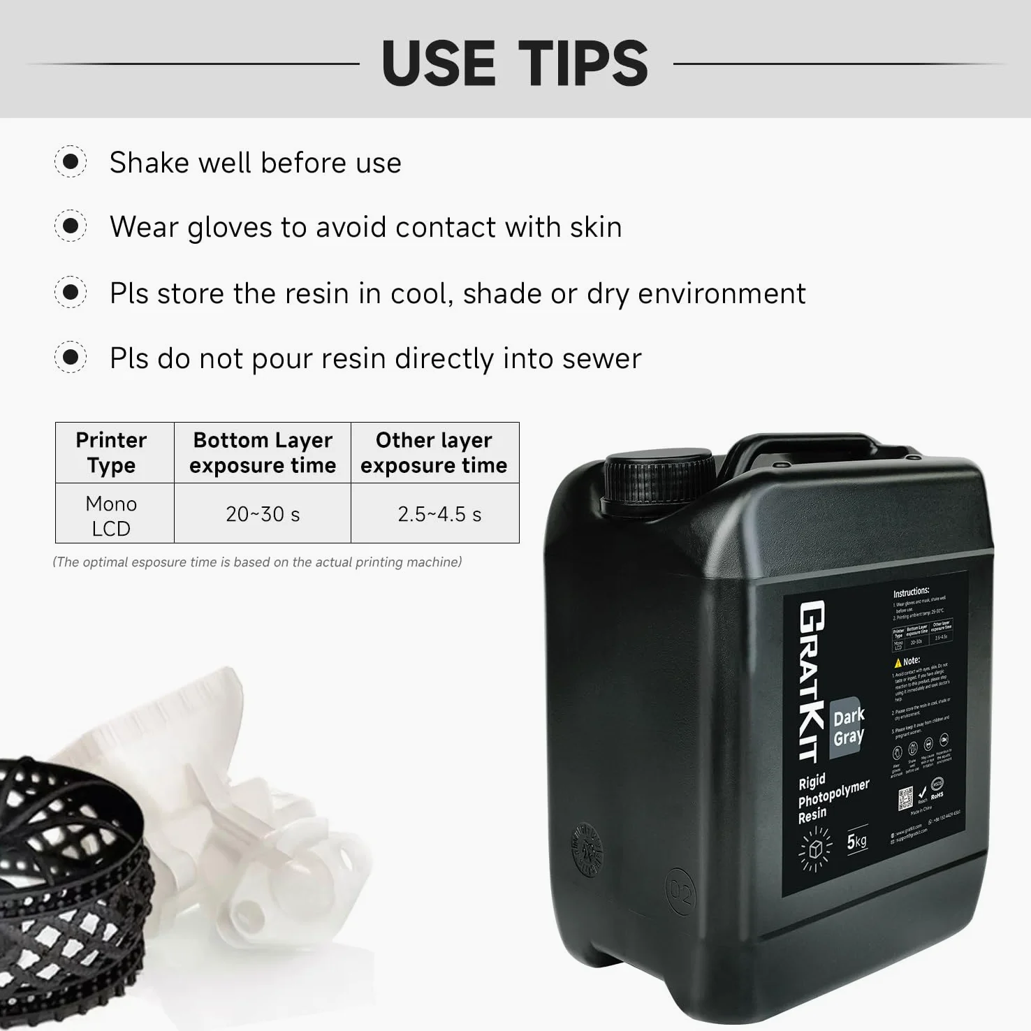 GratKit 8K Rigid Resin,405nm UV-Curing 3D Printer Resin,5000g,Dark Gray | High precision low odor photopolymer resin,low shrinkage 8K/10K 3D printing resin,low viscosity,easy to use,good fluidity