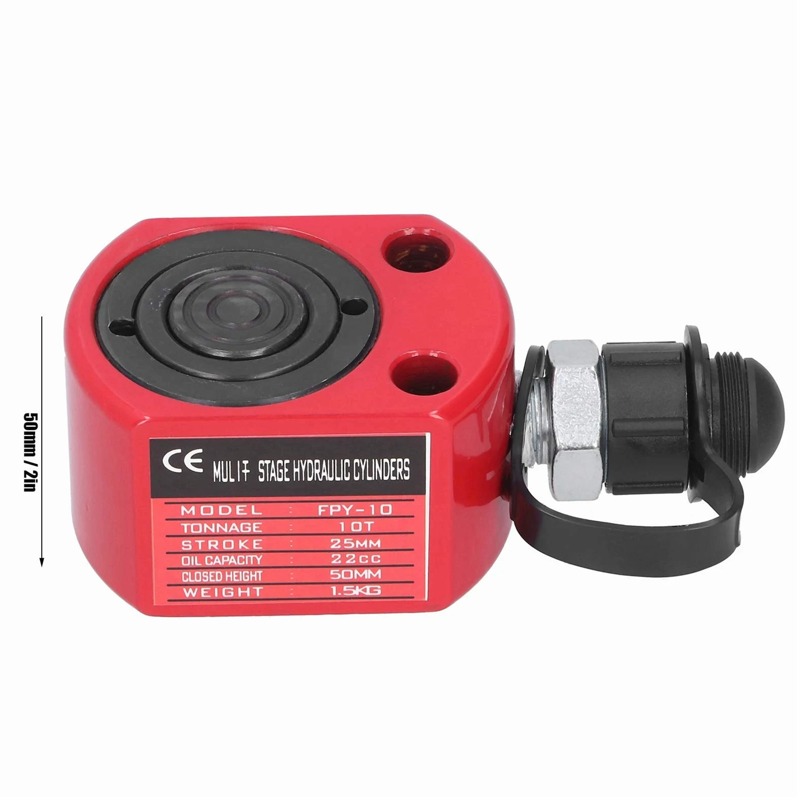 Cilindro Hidráulico 10T Gato de Ariete Hidráulico Rojo Herramienta Eléctrica de émbolo de Agujero Hueco Separado 50 mm de Altura