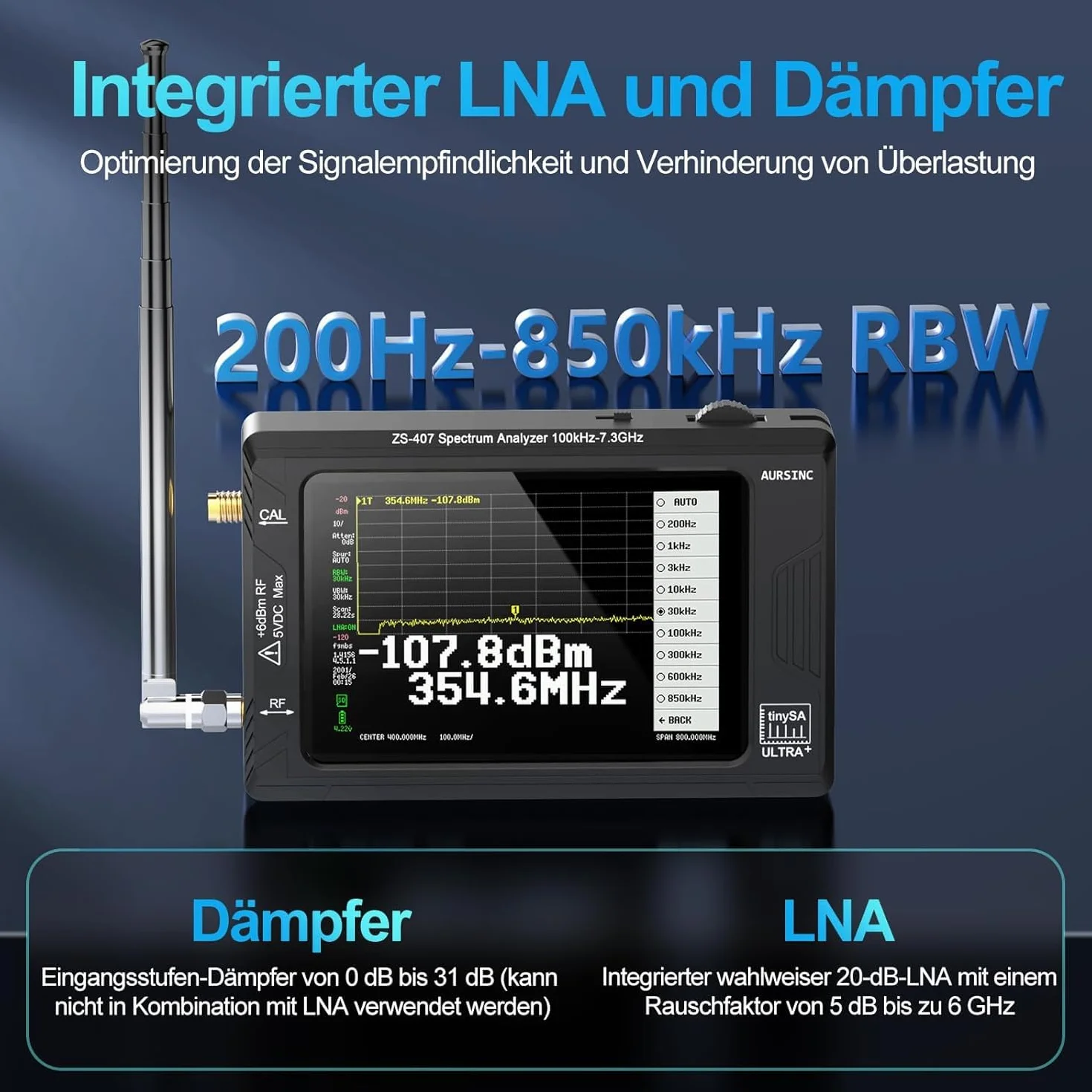 AURSINC TinySA Ultra+ ZS407 Analizador de Espectro 7,3 GHz Versión 2025 V0.5.4, Pantalla Táctil 4", Generador de Señal RF 2 en 1 100kHz-900MHz, MF/HF/VHF/UHF, entrada