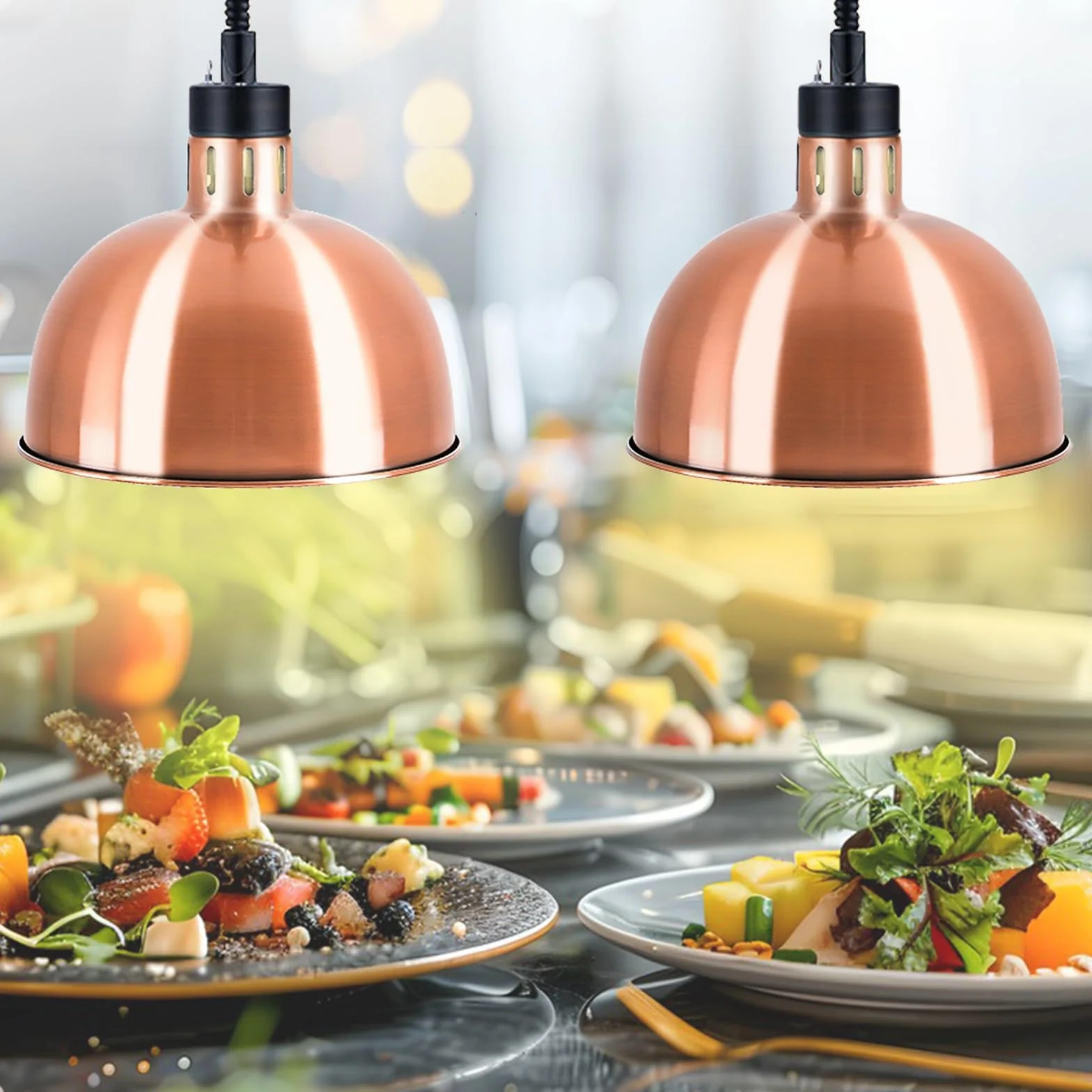 YJINGRUI Juego de 2 lámparas de calor para alimentos, con alcance telescópico, 60-180 cm, para buffet, cocina, restaurante (bronce)