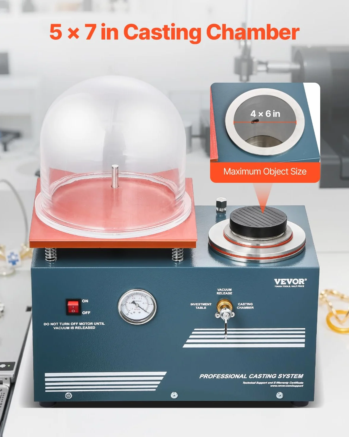 VEVOR 290 W Máquina de Fundición al Vacío con Bomba de 3 CFM y Campana de Cristal, Práctico Puerto de Inyección de Aceite, Manómetro de Precisión, Banco de Trabajo para Fundir Joyas y Chatarra
