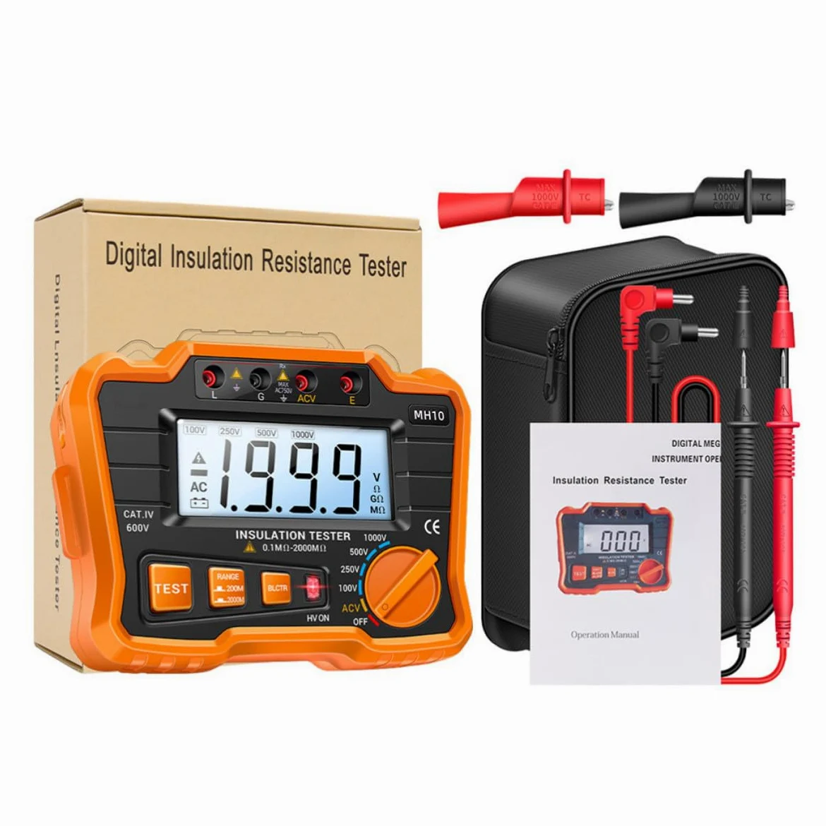 Kichvoe Probador Digital de Resistencia de Aislamiento y Múltiple Salida de Voltaje Pantalla Lcd Retroiluminada Carcasa de Abs para Pruebas y Reparaciones