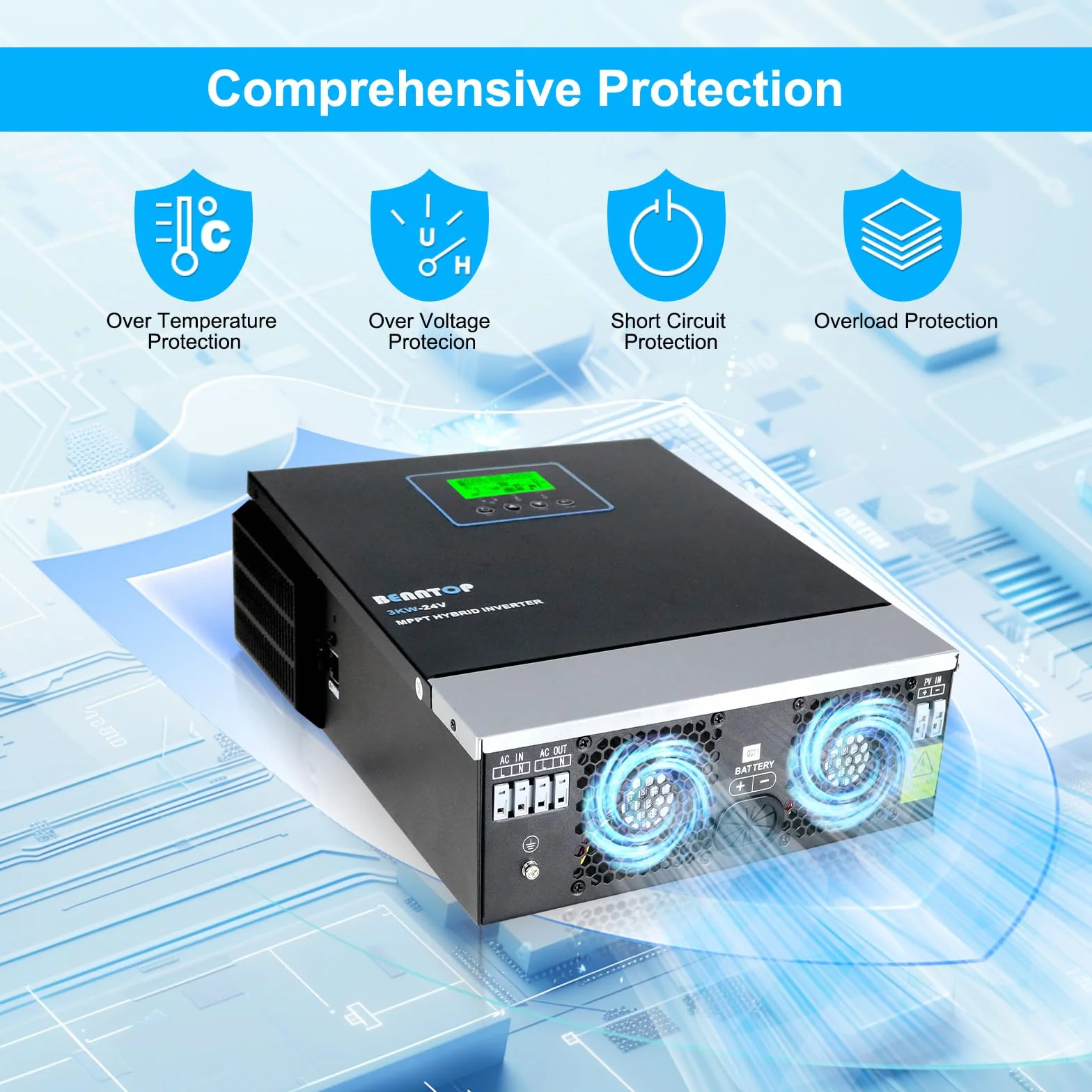 3000W Solar Inversor híbrido 24V a 230v 220v Onda Pura Off-Grid Inversor, con Controlador de Carga Solar MPPT de 80A Incorporado, MAX.PV 400Vdc,admite baterías de Plomo-ácido y Litio