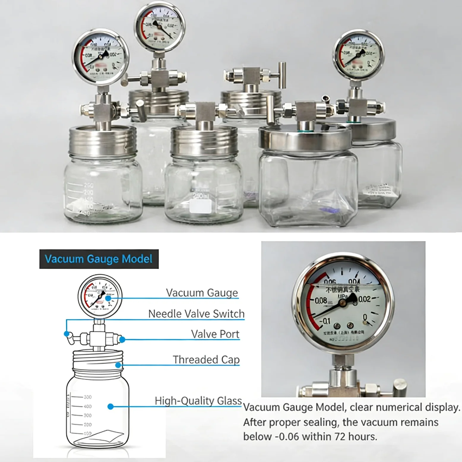 Cámara de vacío, tanque de almacenamiento de desgasificación con medidor de vacío, ideal para conservación de muestras de laboratorio y almacenamiento de muestras químicas/biológicas, 250 ml/500 ml