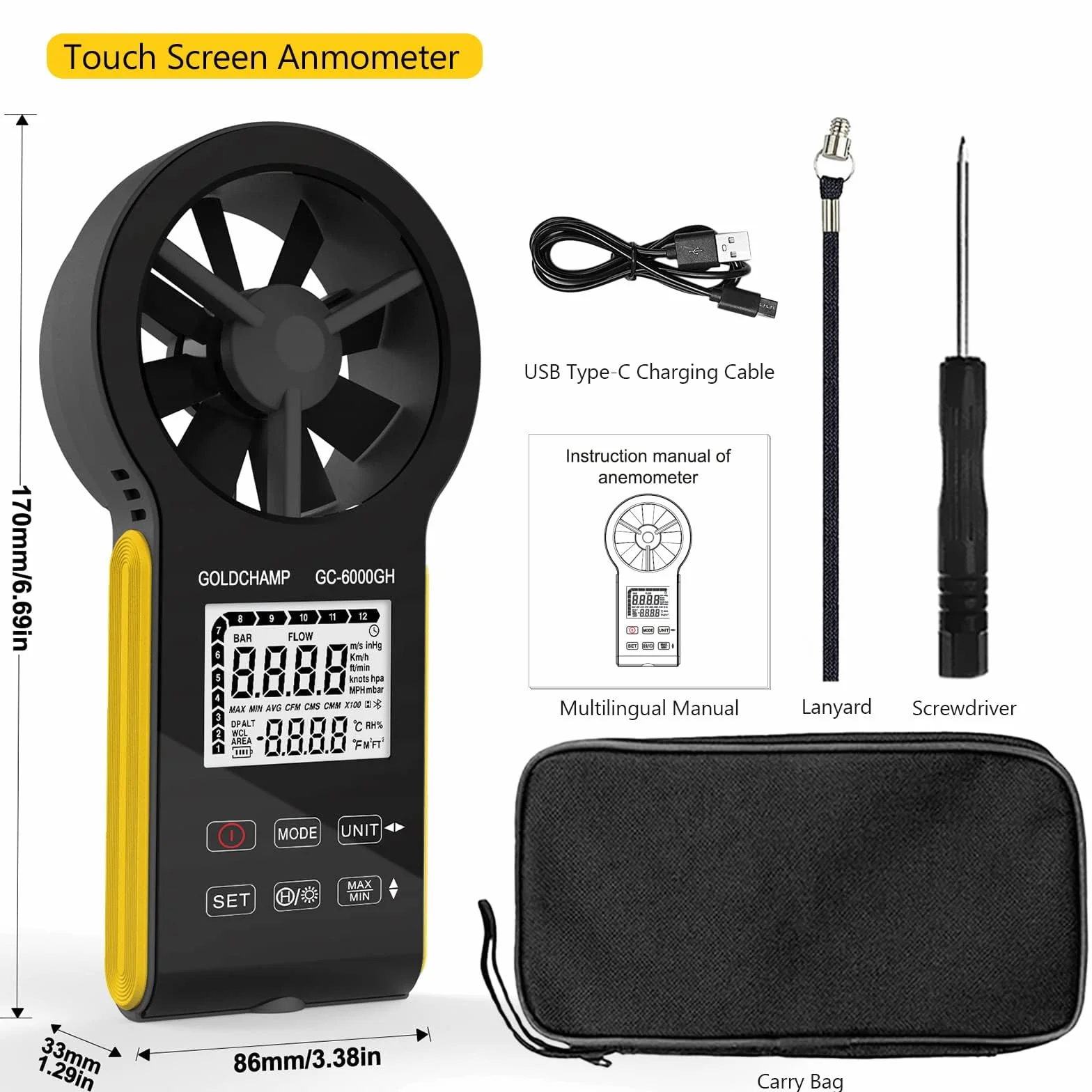 Anemómetro digital recargable resistente al agua CFM 0.3-30 m/s 0-999900 ft3/min retroiluminación HVAC