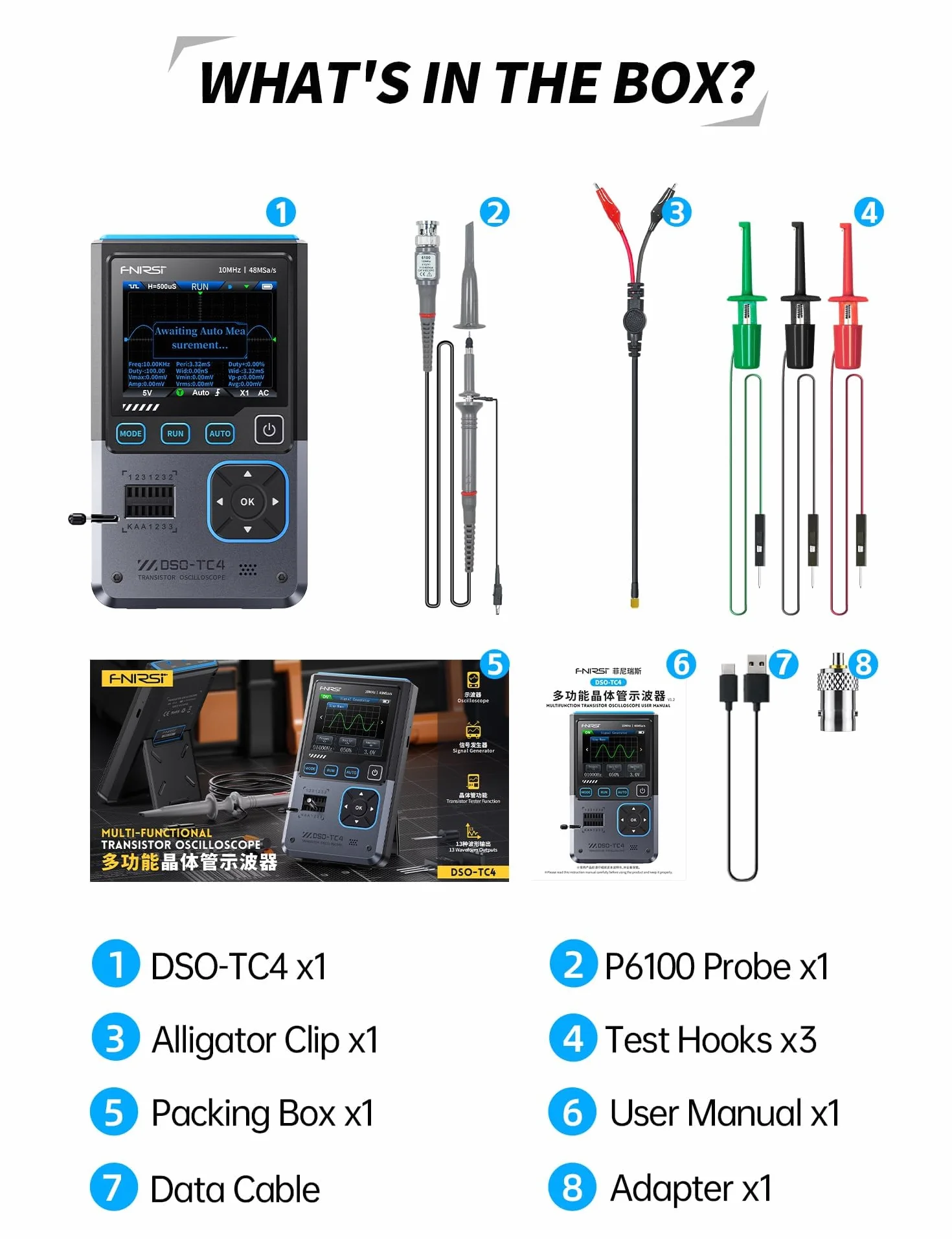Osciloscopio,3 en 1 Osciloscopio Digital 10MHz Ancho de Banda 48Ms/s Muestreo 13 Salidas de Señal Un Botón Comprobador Automático de Transistores Comprobador de Componentes,Español Conmutable