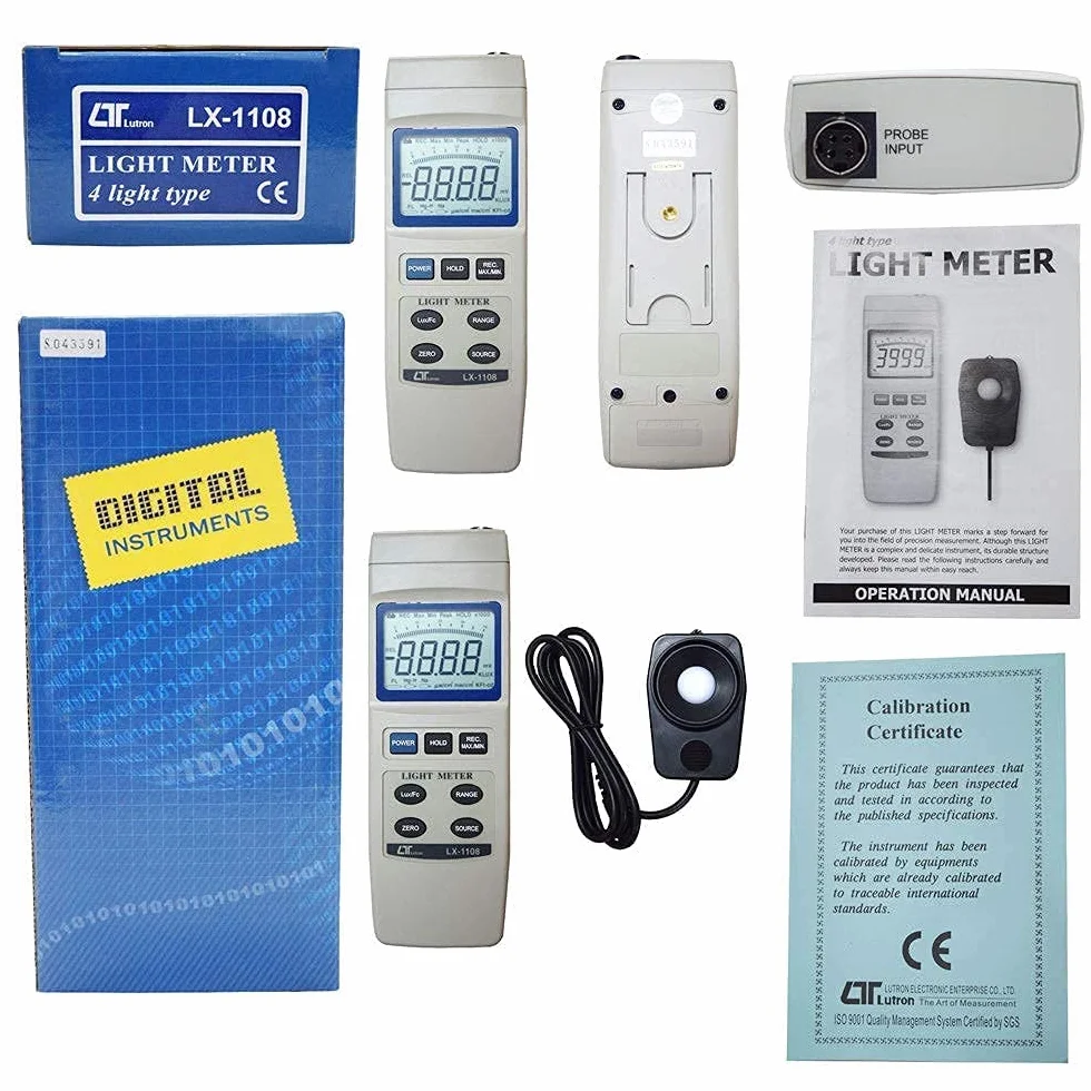 Luxómetro Digital (Rango: 0 a 400 000 Lux) para auditorios, teatros, estadios, Laboratorios Junto con Certificado de calibración de fábrica Modelo: Lutron LX-1108