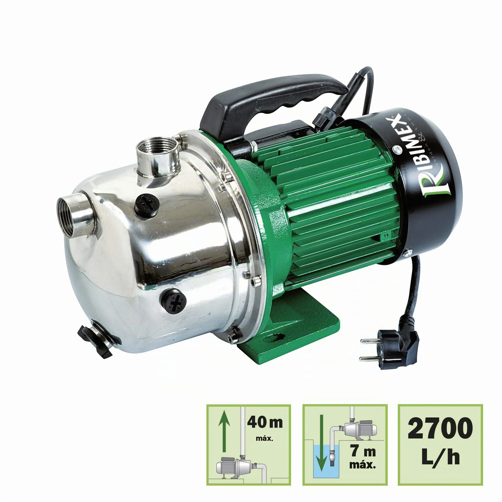 Ribimex Bomba de superficie autocebante Jet inox, motor 970 W, caudal 2700 l/h, 4 bar, altura 40 m, aspiración hasta 7 m, cuerpo de inoxidable, ideal para riego y uso doméstico – PRGJET101I