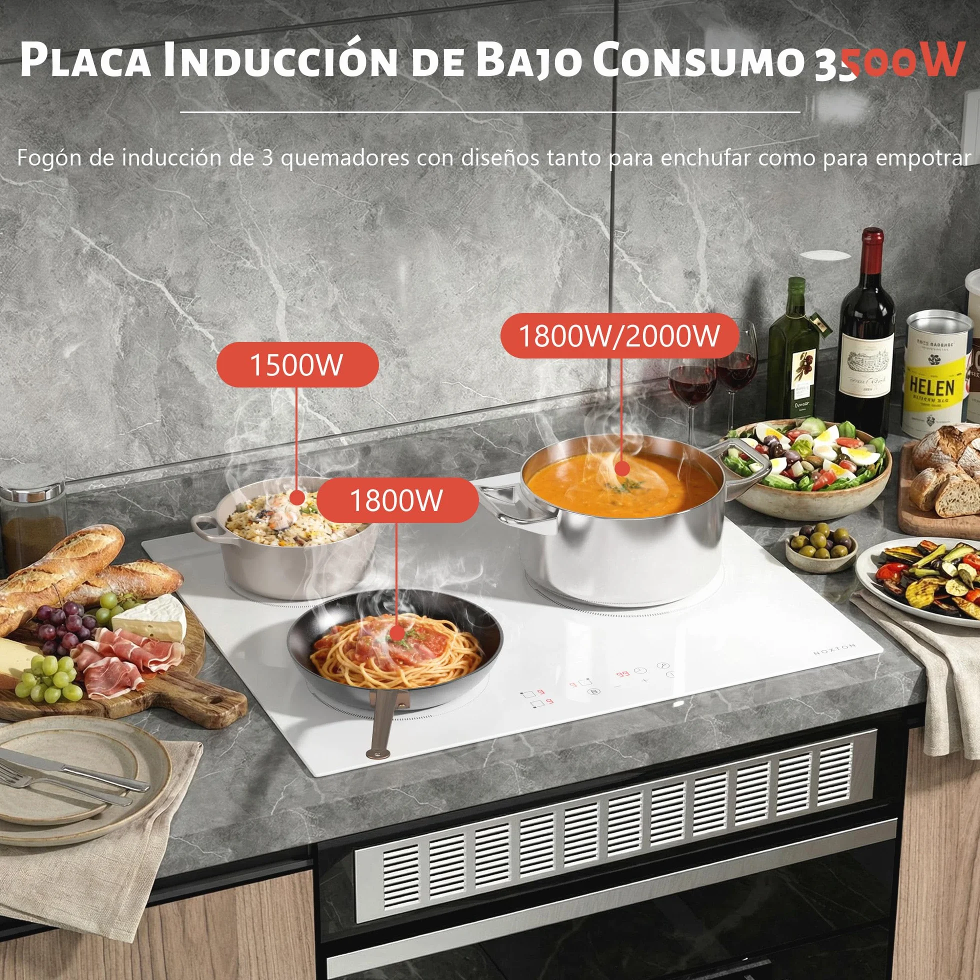 NOXTON Placa de Inducción 3 Fuegos 60 cm Empotrado 3500 W 220-240 V Boost Control Táctil