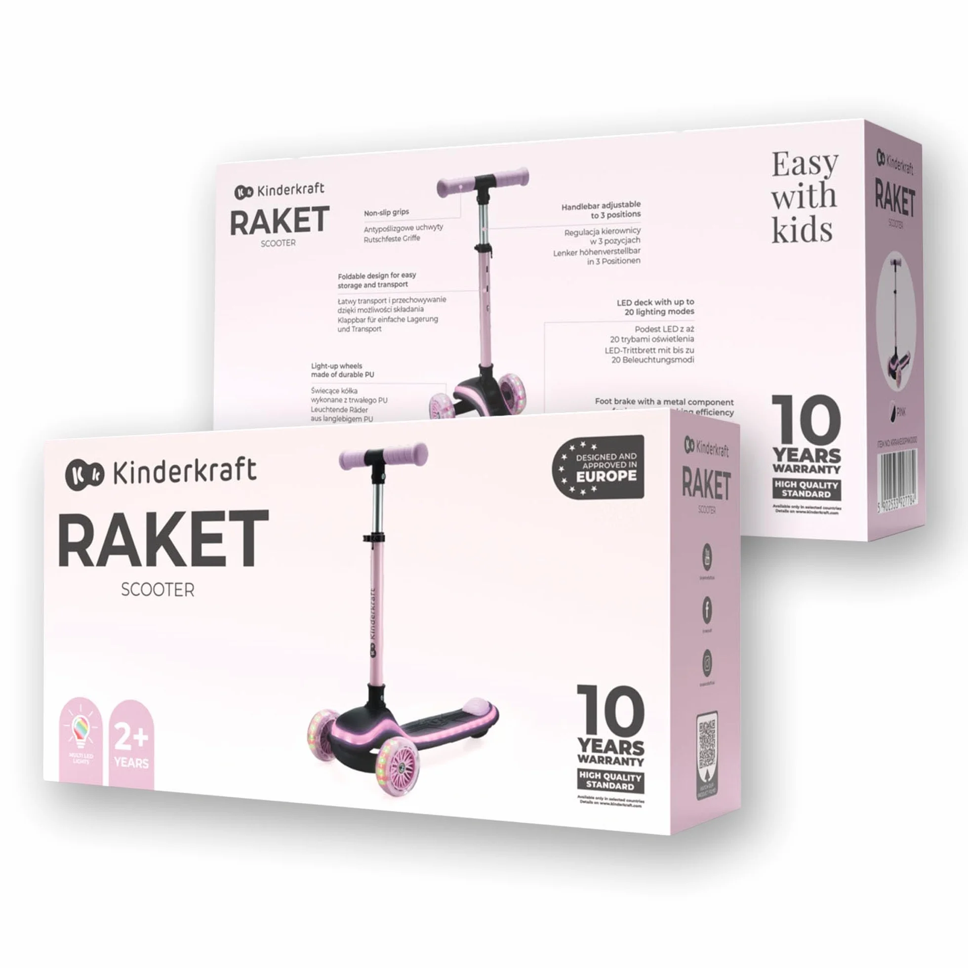 Kinderkraft RAKET Patinete para niños 1 año 50 kg Ruedas LED Manillar Regulable Altura Rosa