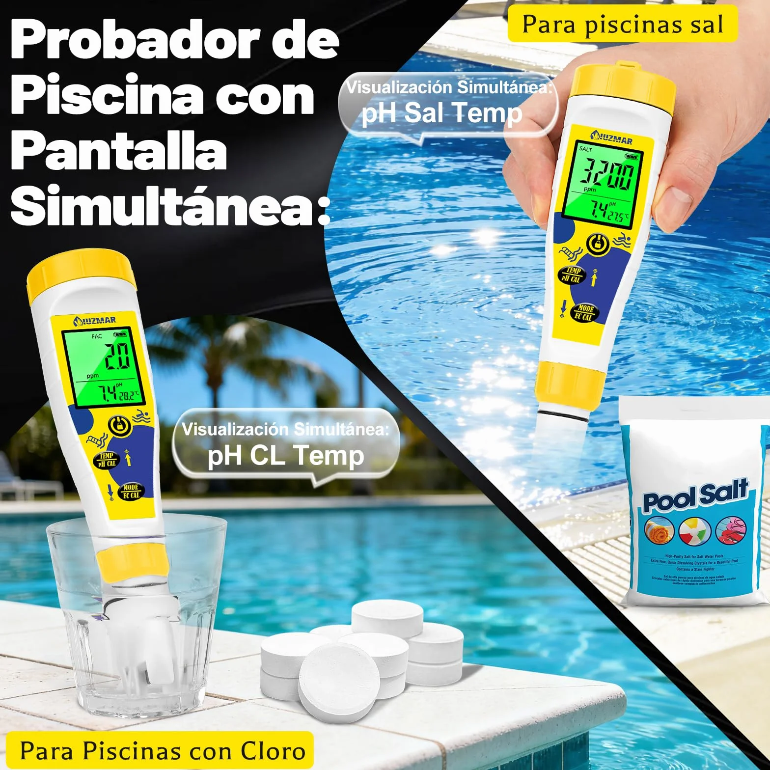Medidor pH Cloro para Piscinas, Medidor Sal pH Agua Salada 7 en 1 con Temperatura y Salinidad