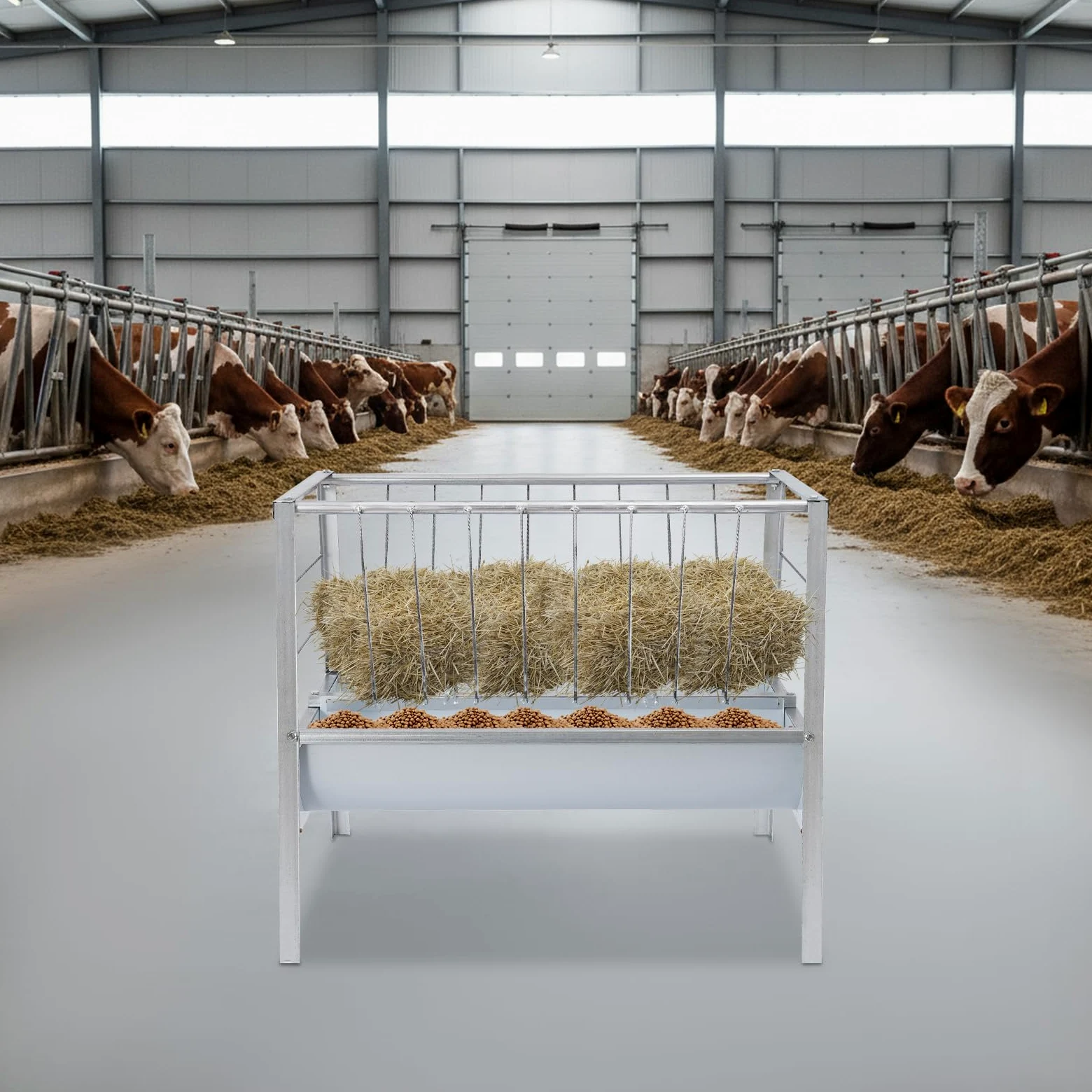 Comedero grande 2 en 1 de acero resistente para heno y cereales con más profundo y independiente, comedero para caballos, cabras, ovejas y ganado, 100 x 66 x 85 cm