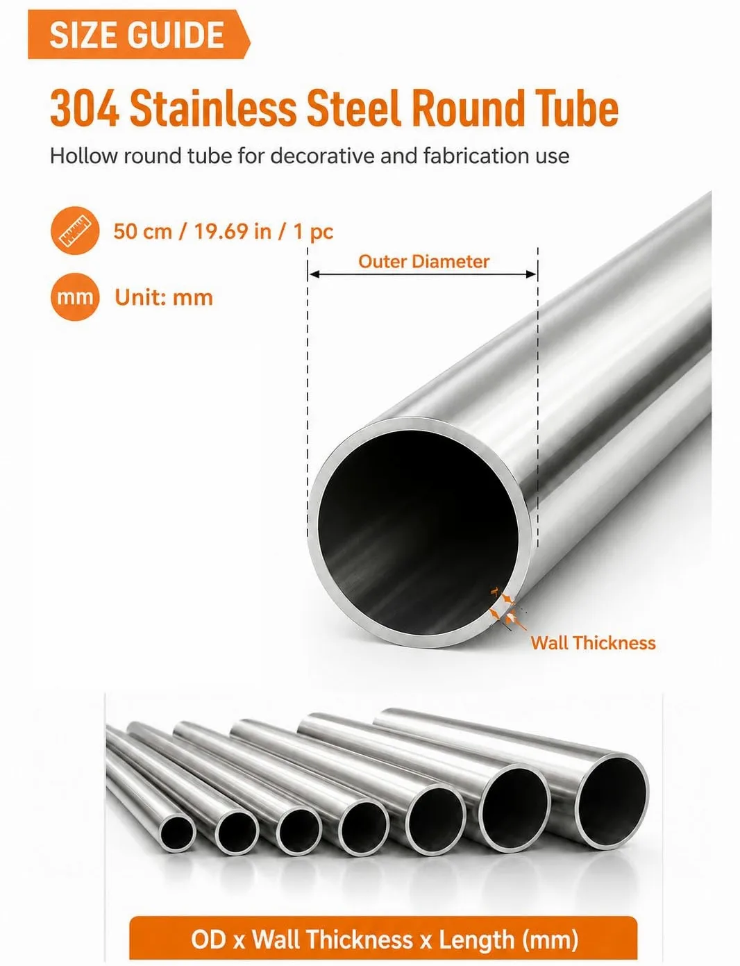 Tubo Redondo Acero Inox 304 50 cm, Tubo Hueco para Fabricación | Pulido interior y exterior, tubo hueco, cortable, varios tamaños(102x1x500mm)