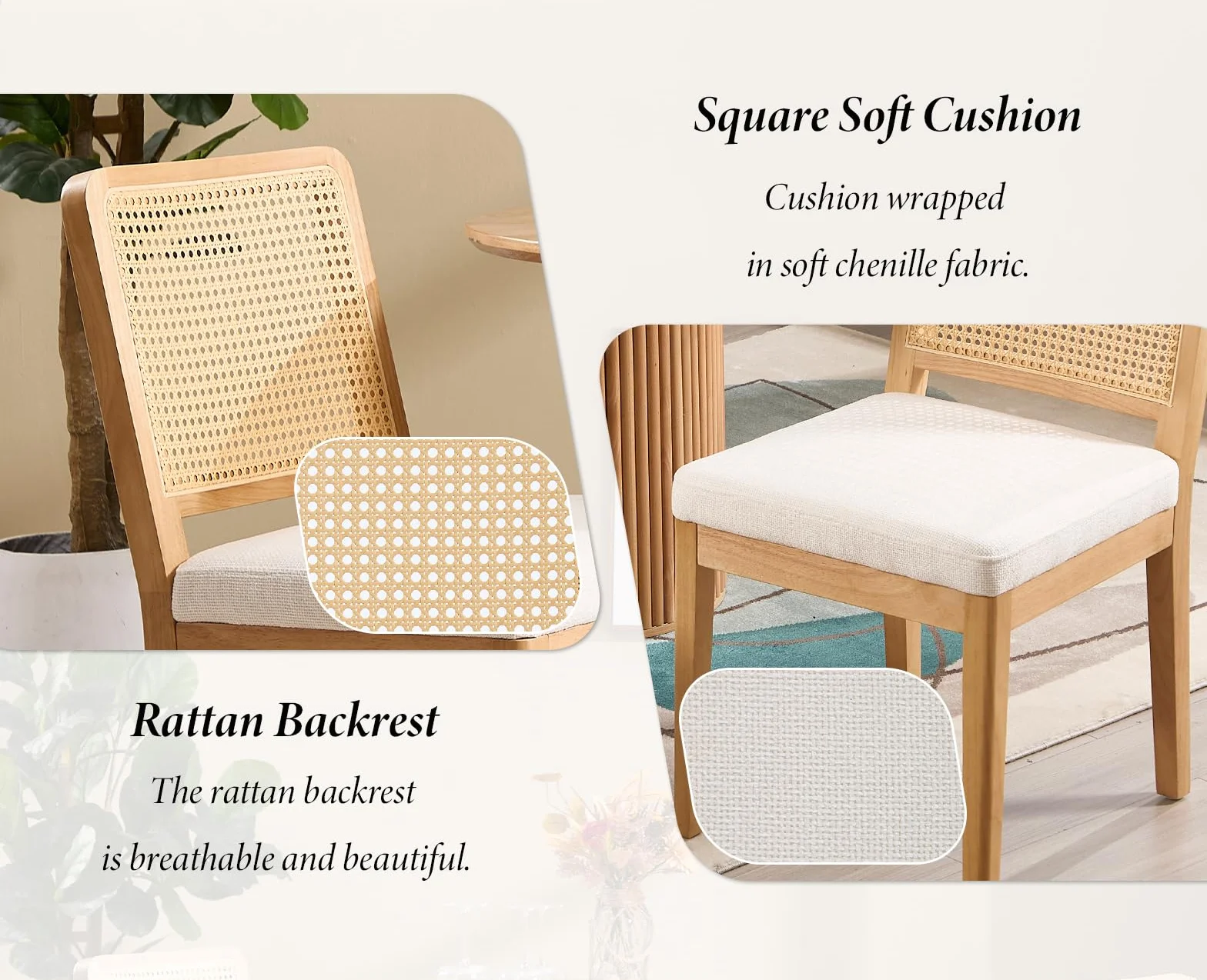 chairus Juego 4 de Sillas de Comedor Madera Sillas Cocina de Rústico con Respaldo Ratán, Sillas Restaurante Tapizadas de Chenilla Sillas de Salón Sencillas para Hogar, Blanco