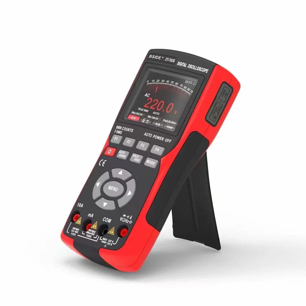 BSIDE ZT-702S Kit Osciloscopio DIY Multímetro Digital TRMS con Osciloscopio Automotriz 9999 Cuentas 10Mhz LCD a Color Medidor de Miliamperios y Milivolt Oscilloscope Recargable con Memoria para PC