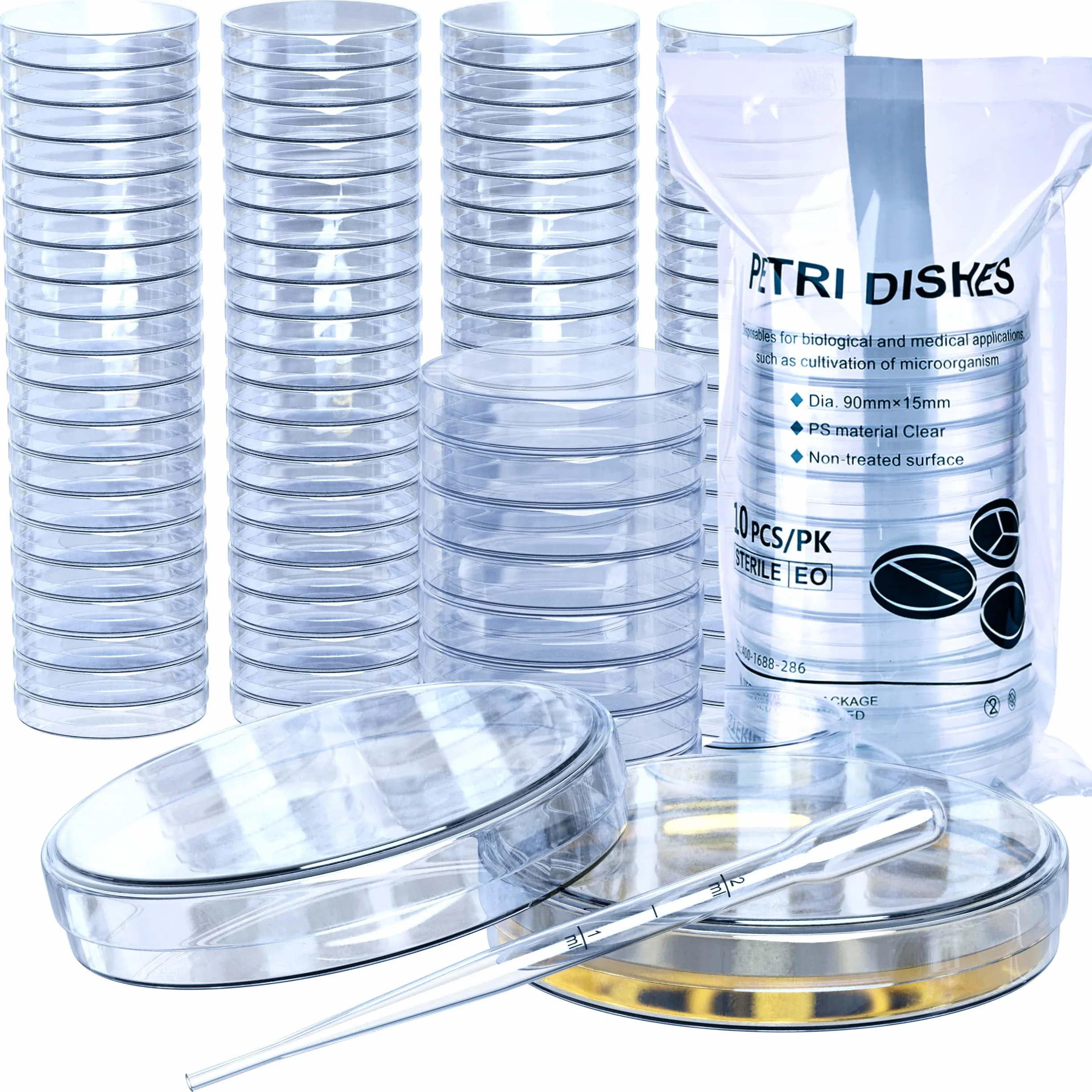 MyMed 100 placas de Petri estériles irrompibles con tapa (90 x 15 mm), pipetas de plástico de 2 ml para análisis de laboratorio, proyectos escolares, muestras de sangre, bacterias, plantas y cultivo
