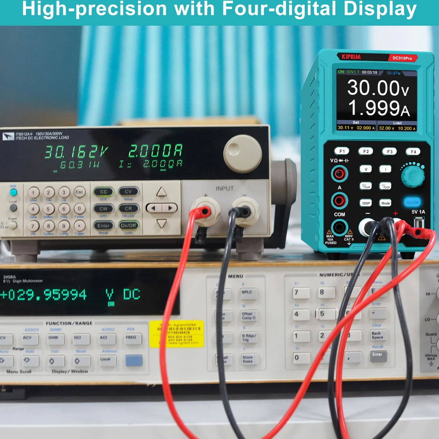 Kiprim 2 en 1 Fuentes de Alimentación de Laboratorio y Multímetro Programable(0-30 V, 0-10 A) Fuentes de Alimentación Regulables DC310Pro con Memoria de Datos, OCP, OVP, Software para PC y Carga USB