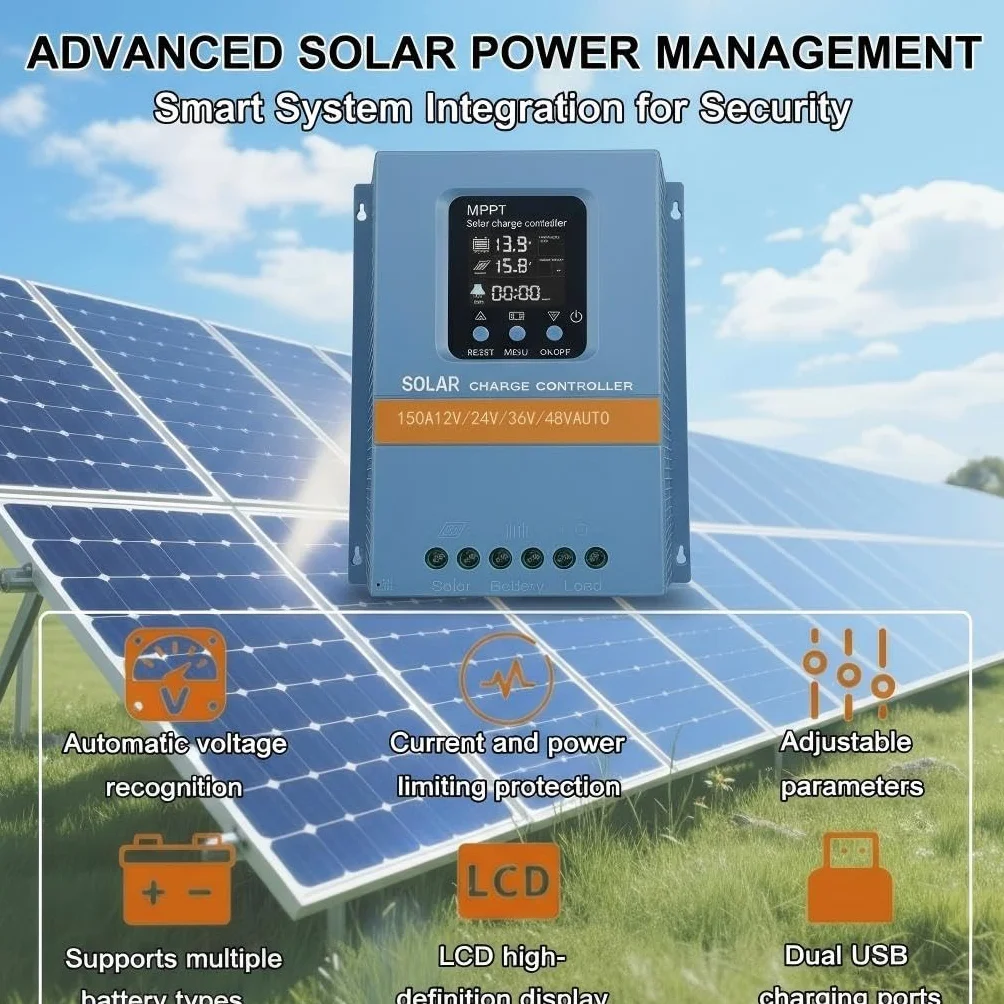 Regulador de carga solar MPPT de 150 A, 12 V/24 V/36 V/48 V, detección automática, pantalla LCD, protección contra sobrecarga para autocaravanas/camiones/sistemas de PV domésticos LiFePO4/batería de