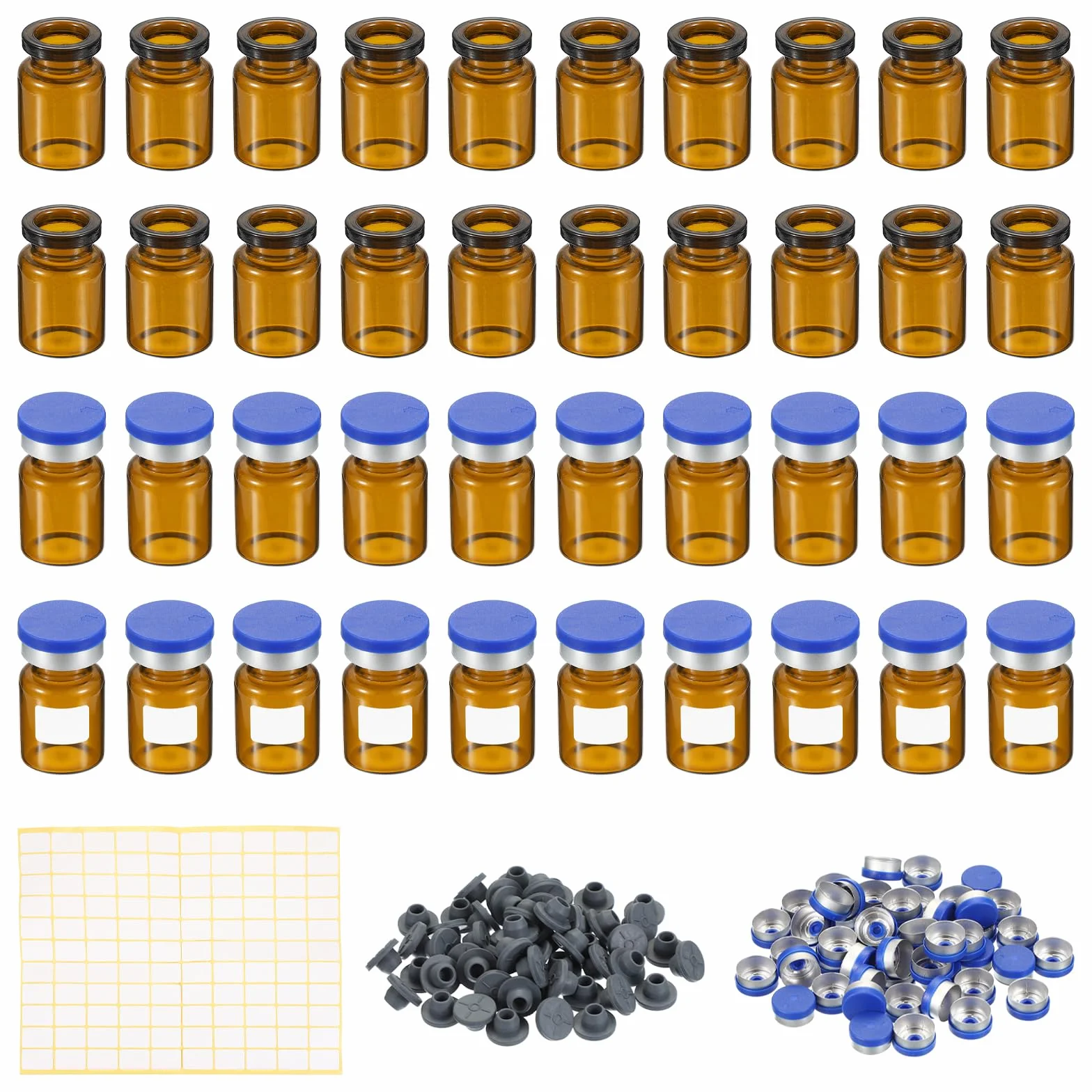 PATIKIL Frascos de Muestra de 5 ml, 100 Unidades, Frascos de Laboratorio Vacíos con Tapón de Goma Butílica, Vidrio de Borosilicato Ámbar