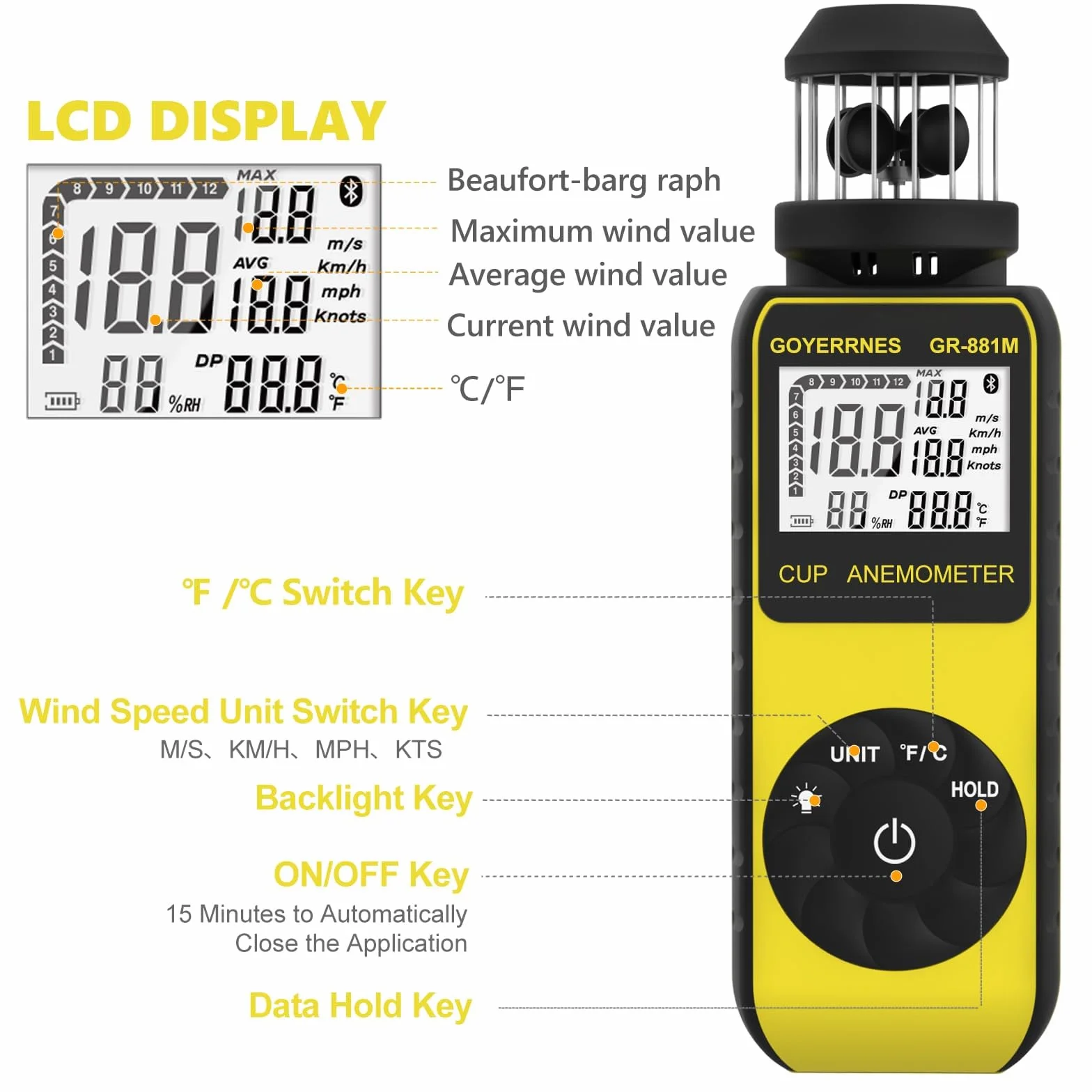 Anemómetro Digital Portátil GR-881M con Brújula Medir Velocidad del Viento Temperatura Volumen de Aire