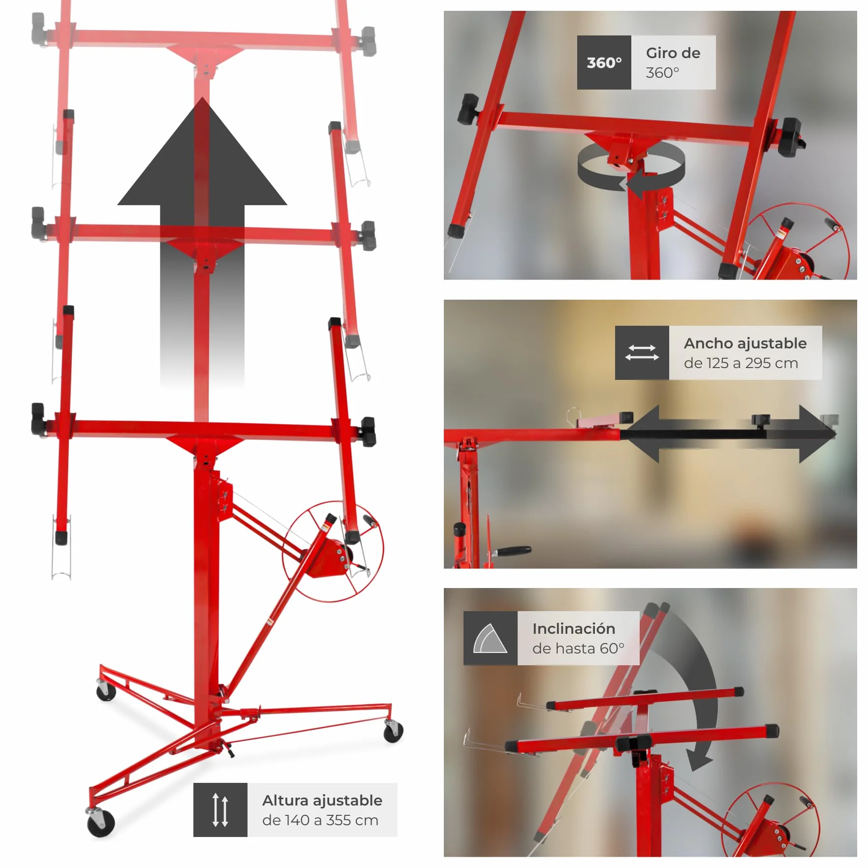 TecTake® Elevador Placas de Yeso, Pladur Profesional, Herramientas para Pladur, Plataforma Elevadora, Maquina de Pladur, Caballete Extensible, Planchas de Pladur, Carga 68 kg - Rojo