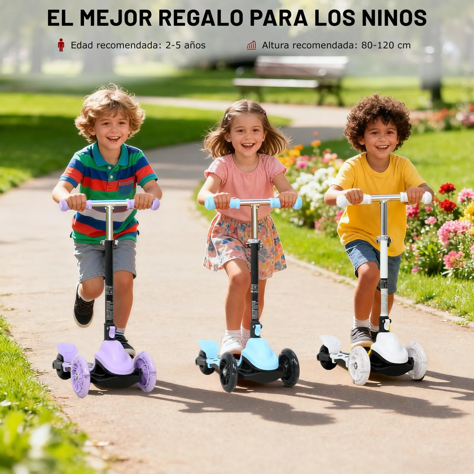 Patinete Scooter Plegable 3 Ruedas para Niños 2-5 Años, Manillar Ajustable 57-72cm, Luces y Freno Posterior, Máx. 50kg