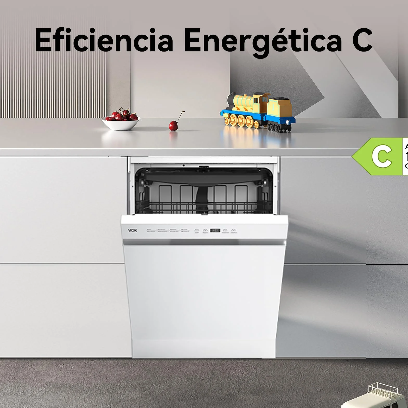 VOK Lavavajillas 60 cm 14 Cubiertos 8 Programas 47 dB Silencioso Clase C 3ª Bandeja Apertura Automática Blanco
