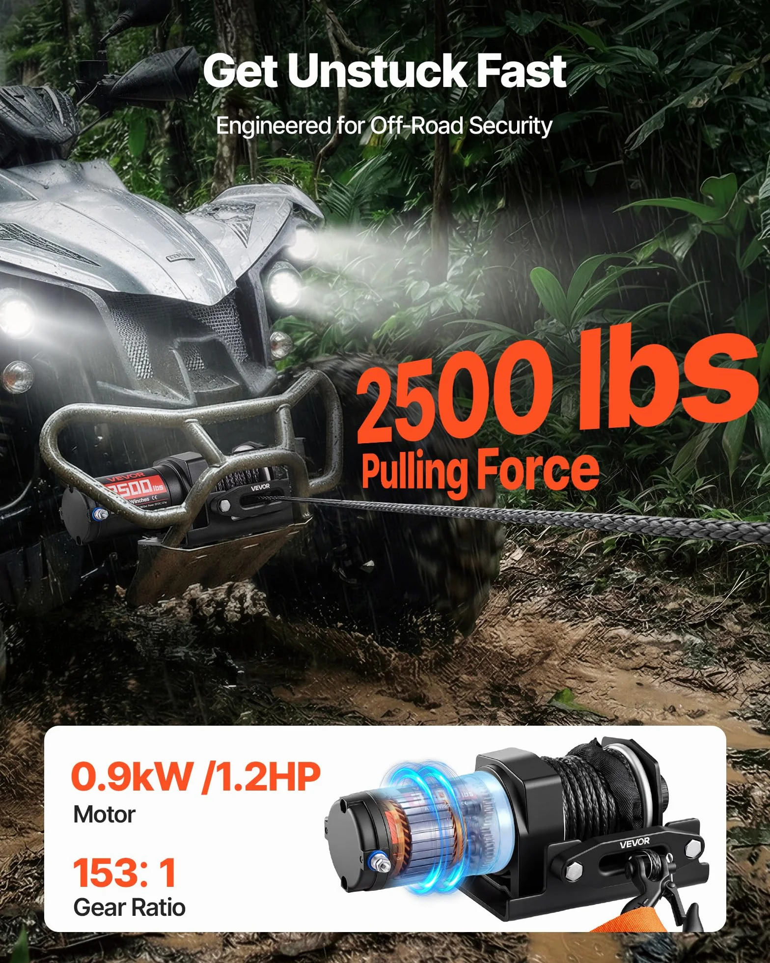 VEVOR Cabrestante Eléctrico 12V 1134 kg para ATV con Cuerda Sintética de 4,8 mm x 12 m, Motor 0,9 kW, Control Remoto con Cable, Soporte de Montaje, Guía de Cable y Gancho para Todoterreno Exteriores