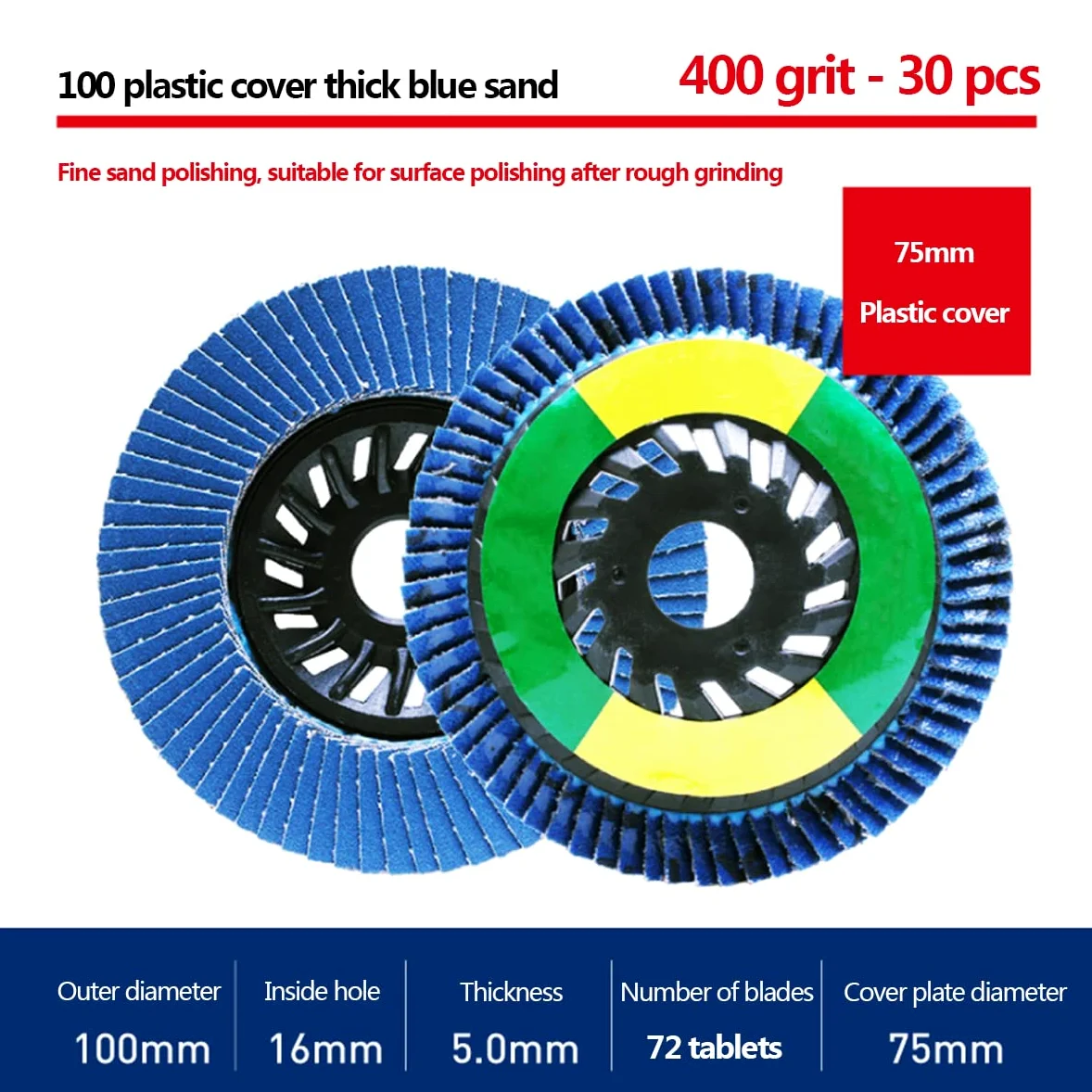 Discos abrasivos, Muela abrasiva de circonio corindón con cubierta plástico, diámetro exterior 100 mm, del orificio 16, grano 400 (10 unidades)(30 Pcs)
