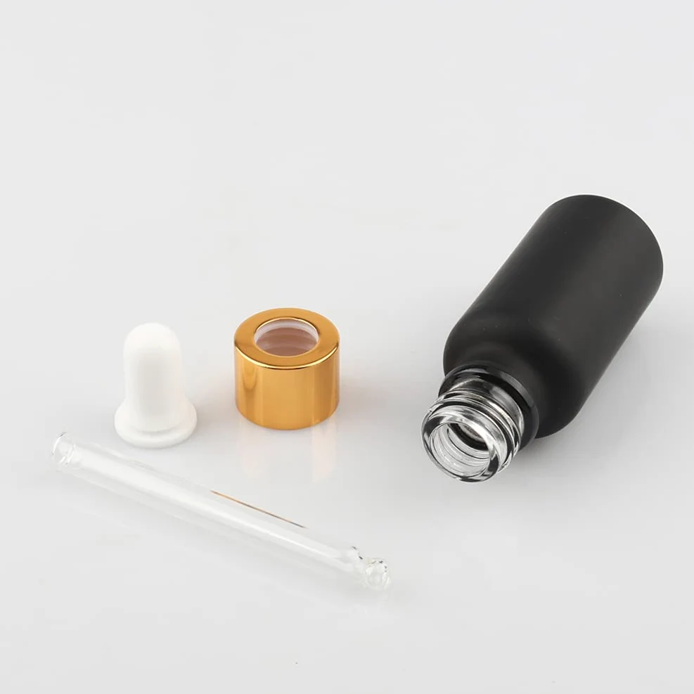 24 Pieza 20ml Negro Mate Botellas de Cristal con Pipeta, 20 ml Frasco Cuentagotas Cristal con Tapón de Rosca Oro, Botella de Vidrio con Cuentagotas para Aceite Esencial Aromaterapia