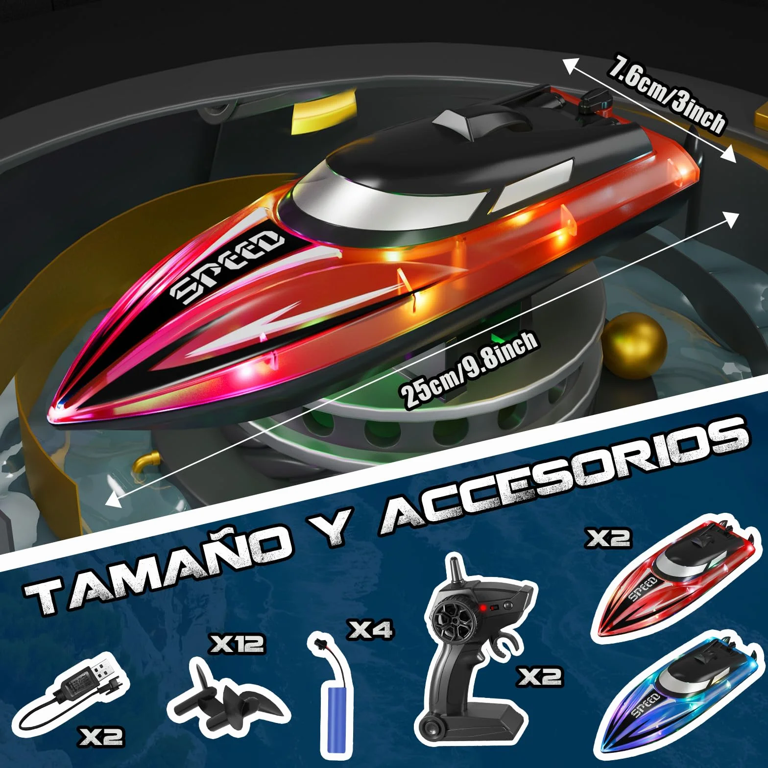 Barco Teledirigido 2.4GHz con Luces LED, Alarma de Batería Baja, 2 Piezas, RC Regalo para Niños y Adultos (Rojo + Azul)