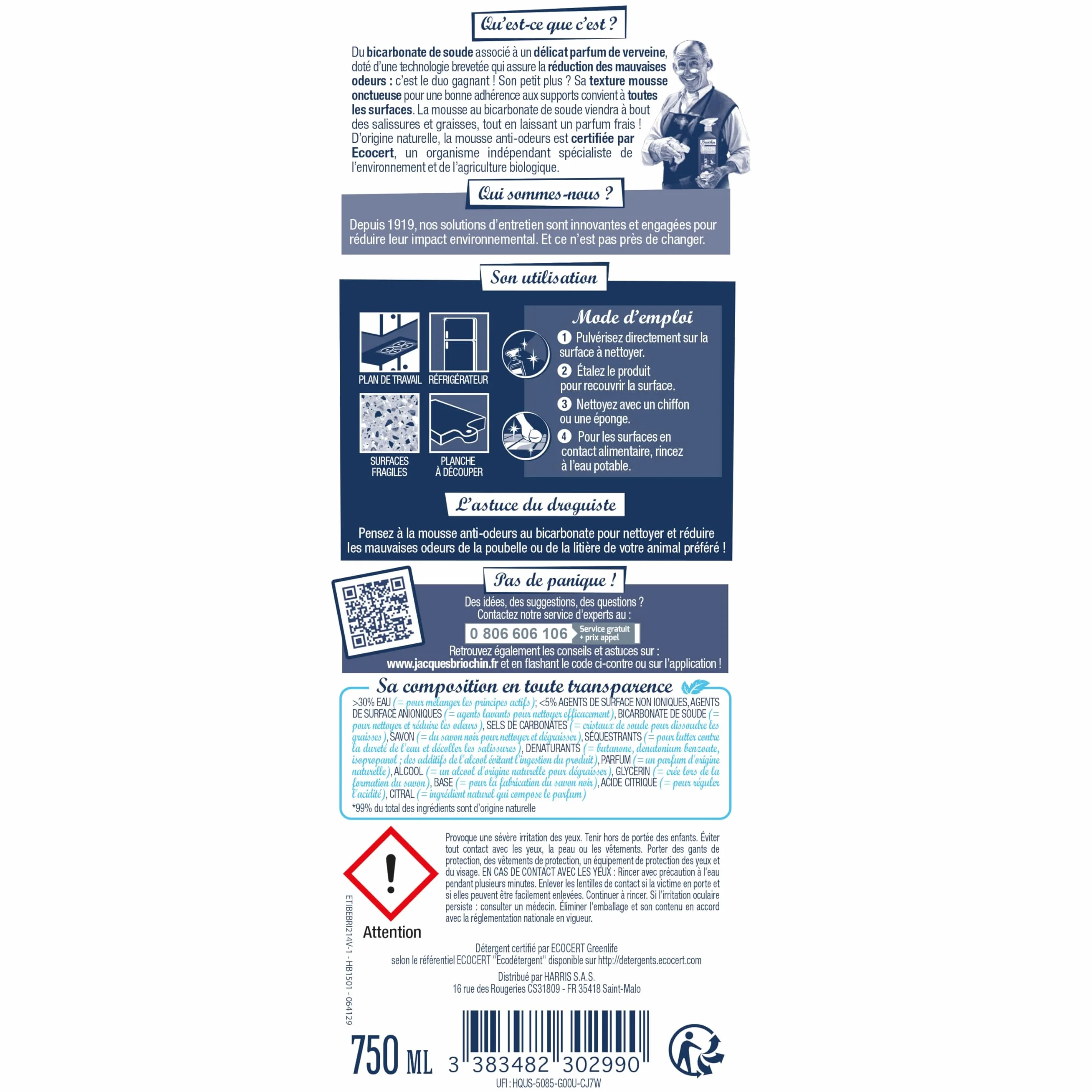 JACQUES BRIOCHIN Limpiador antiolores Bicarbonato de sodio Espuma Verbena Multiusos Secado rápido Ecocert 750 ml