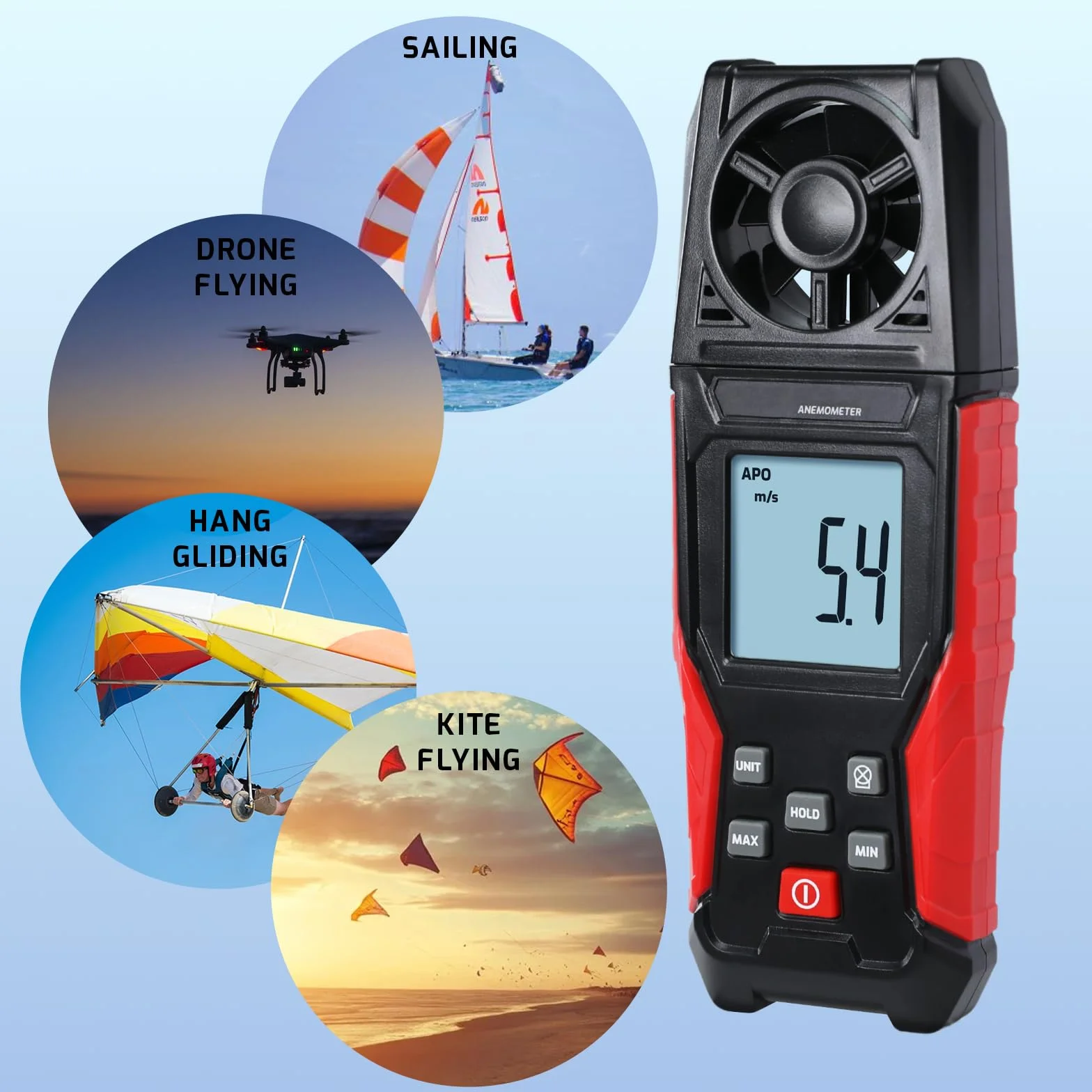 Anemómetro Digital Medidor de Velocidad del Viento 0.3-30 m/s Temperatura Pantalla Retroiluminada Max/Min