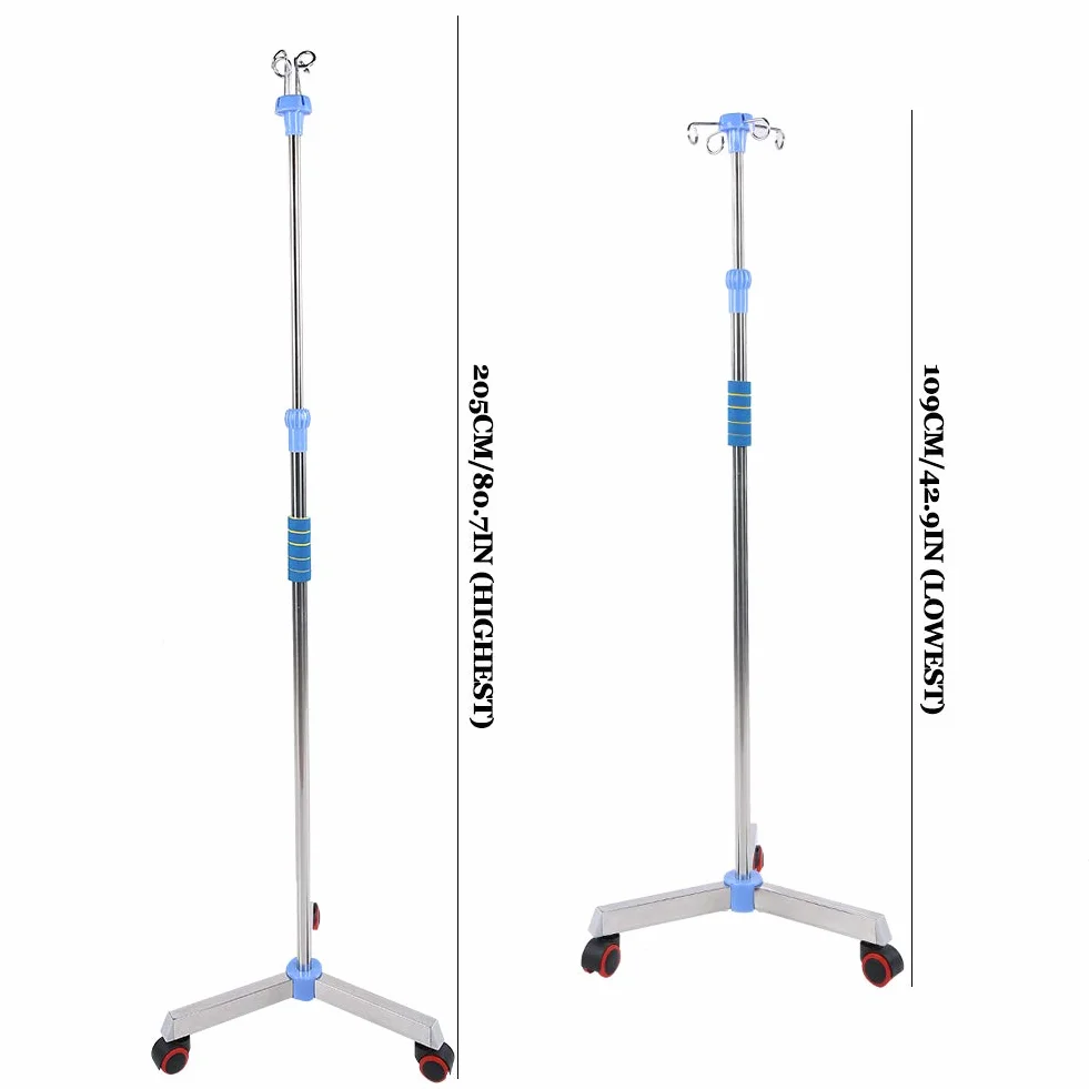 Soporte para suero intravenoso con ruedas, soporte de acero inoxidable Soporte para infusión portátil Soporte para bolsa intravenosa con 4 ganchos para el hospital y el hogar, altura ajustable
