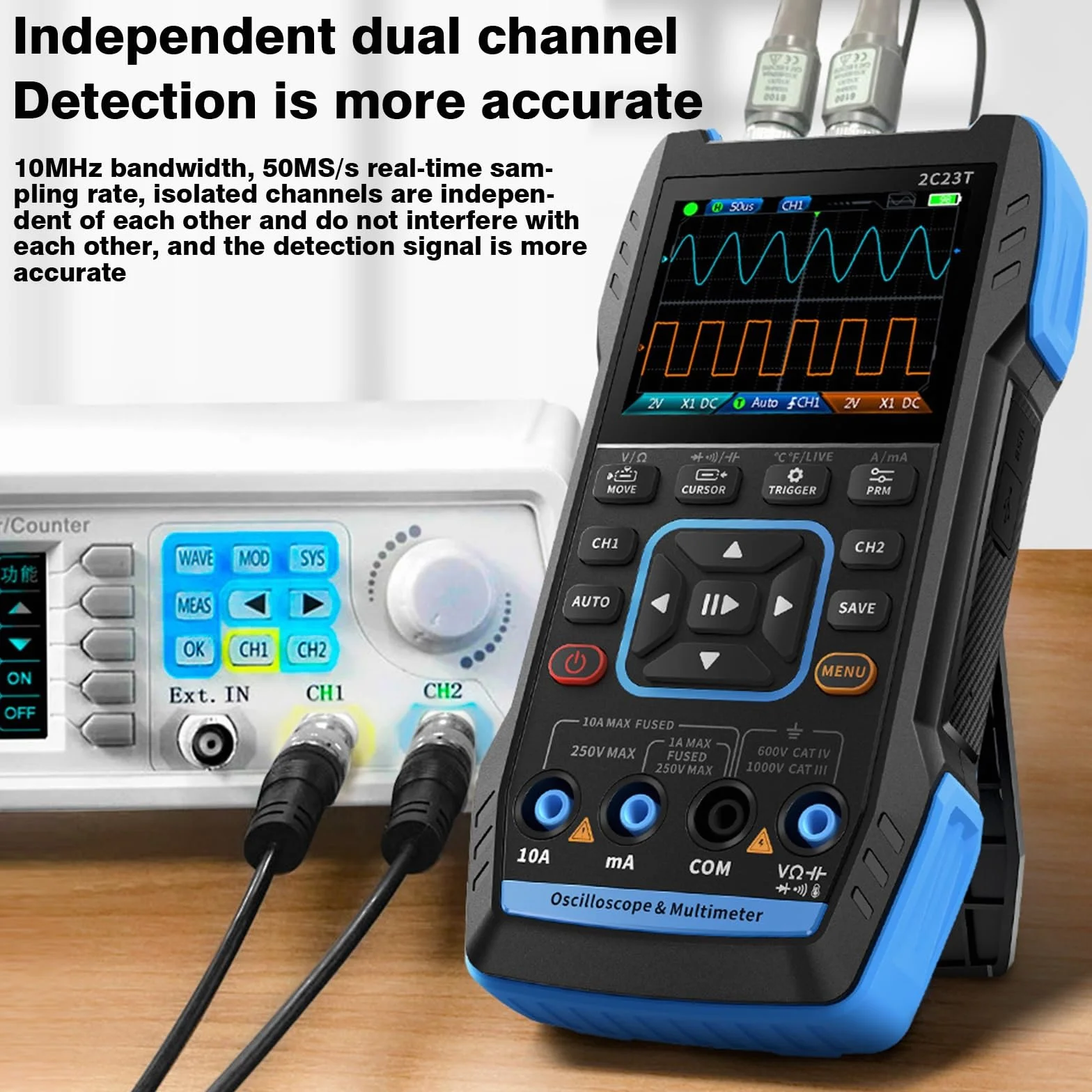 Jadeshay Osciloscopio Digital,Osciloscopio Portátil 3 en 1 Kit de Osciloscopio con Ancho de Banda 10 kHz Prueba de Transistor,9999 Contar Multímetro y Generador de Señal de Salida Cuadrada PWM Funcion