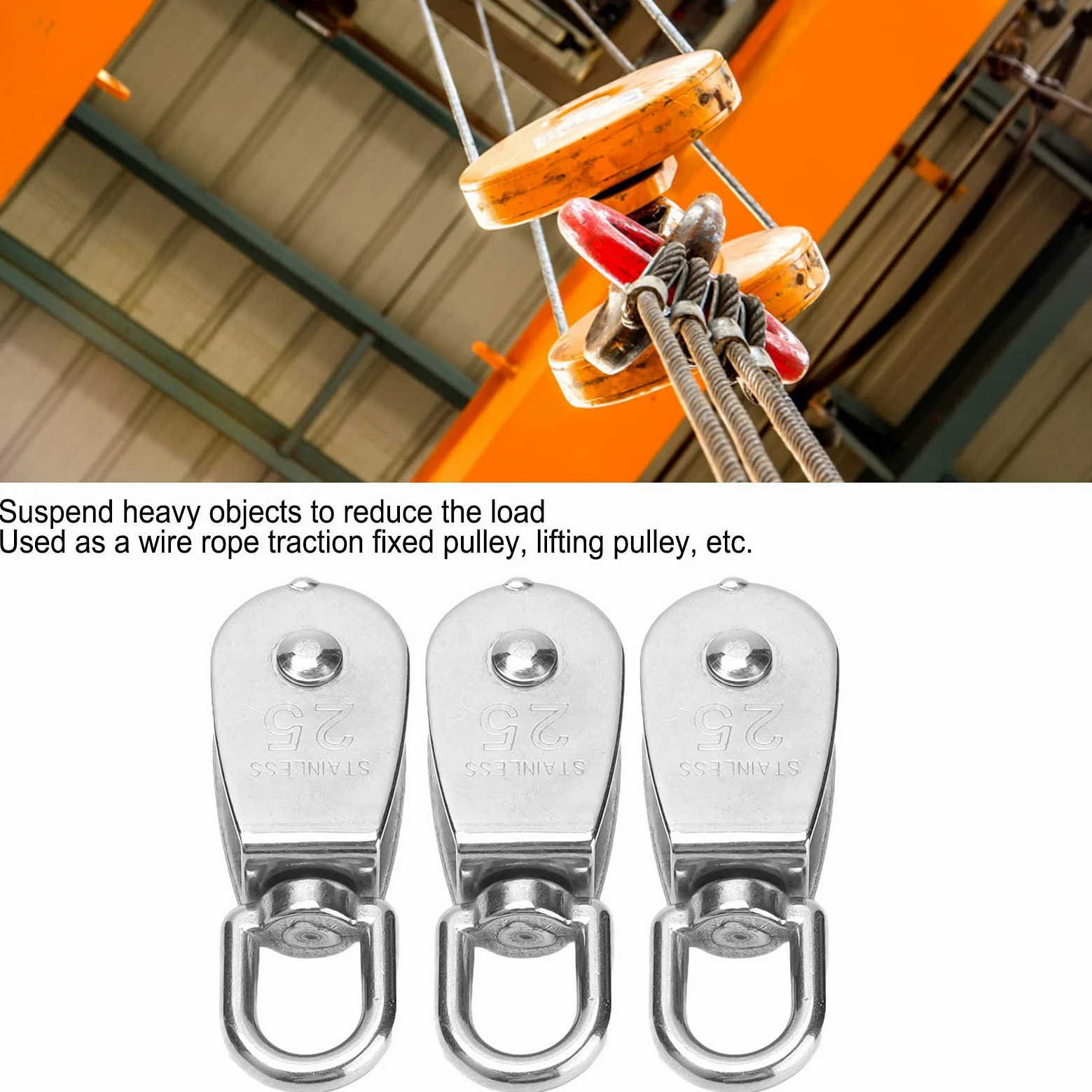 Bloque de polea resistente de acero inoxidable para cuerda de alambre de elevación con gancho de suspensión, rueda de remolque de 10 piezas (M25) y versátil para aparejos de elevación y remolques