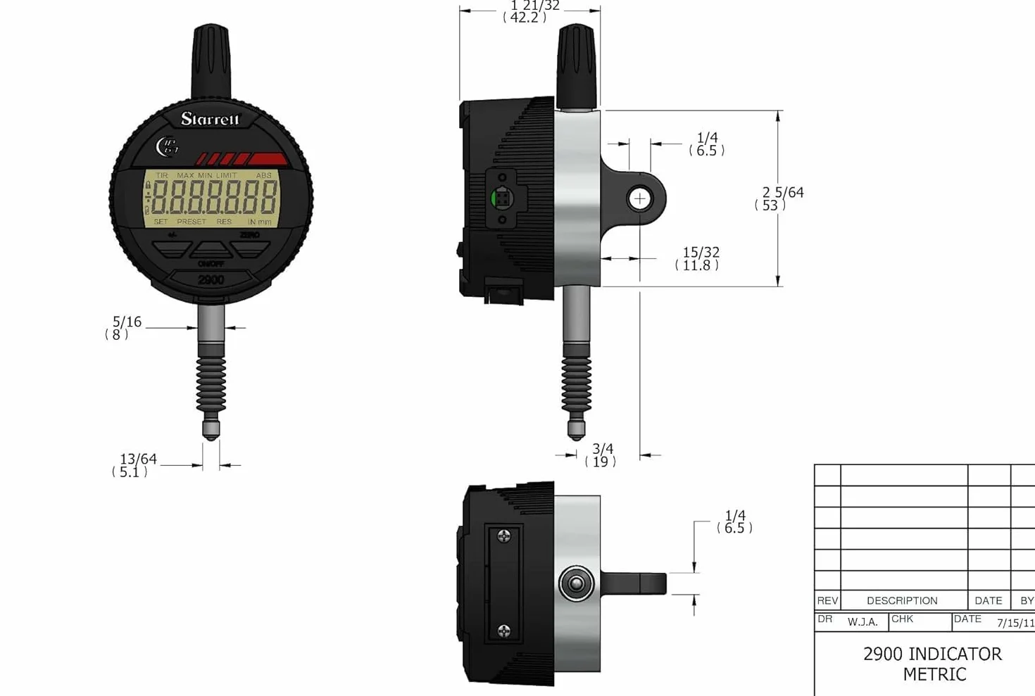 Starrett 2900-1M - Indicador electrónico LCD (8 mm de diámetro, rango de 0 a 12 mm, graduación de 0,001 mm)