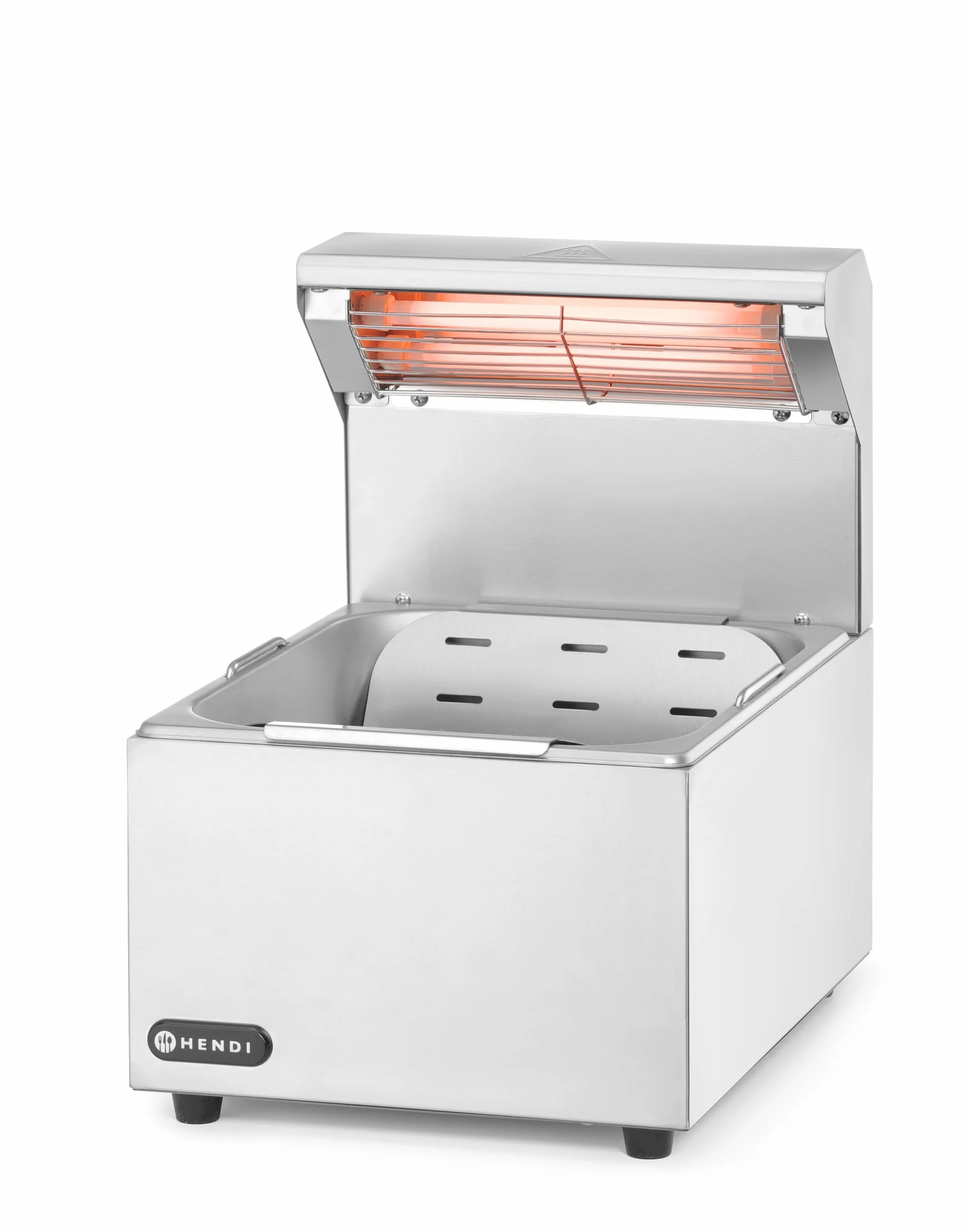 HENDI Calientapatatas fritas eléctrico con lámpara infrarroja, bandeja perforada, cubeta GN 1/2, 220V, 400W, 357x267x376mm, acero inoxidable