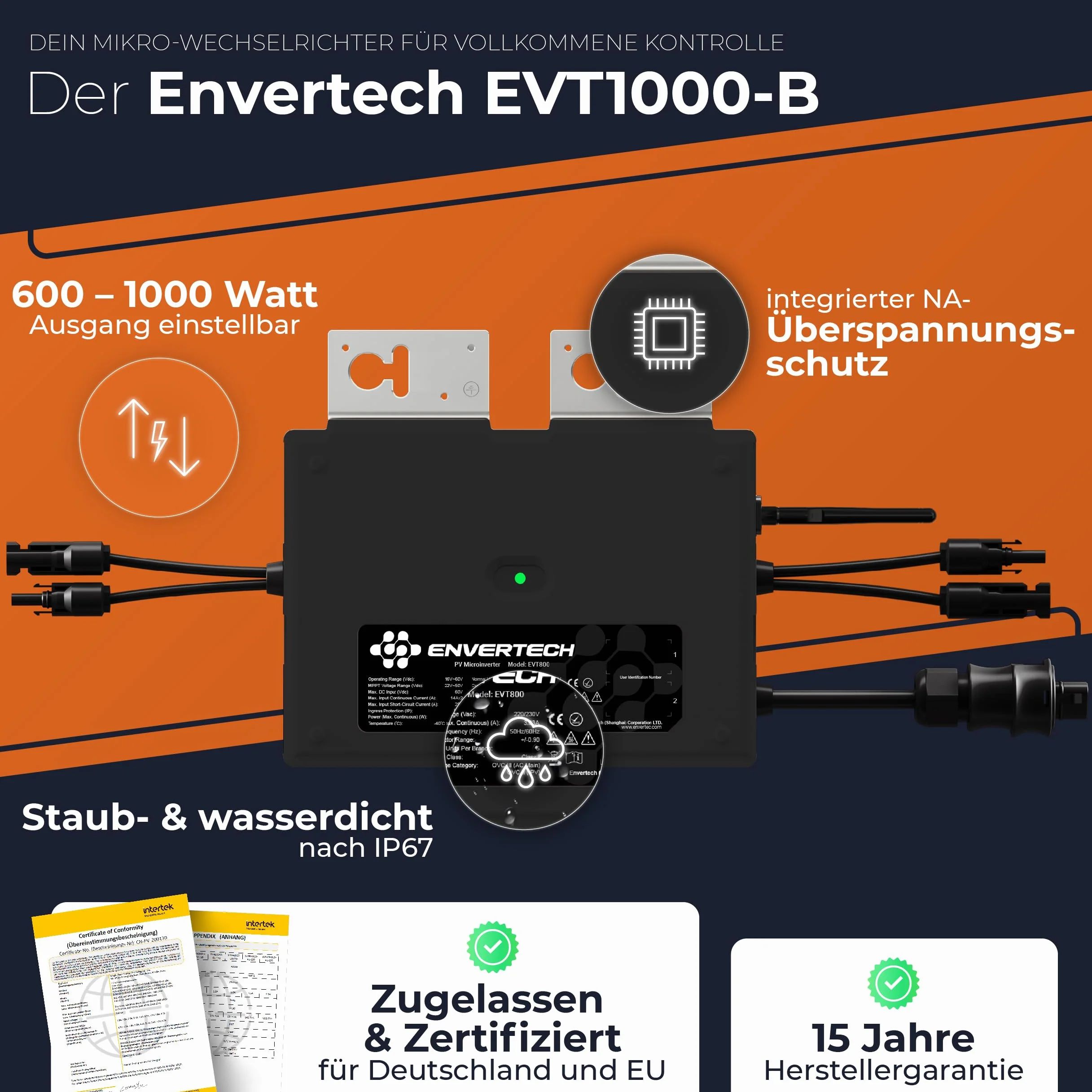 Solarway Microinversor Envertech (1000 W, 5 m cable, 800-1000 W balcony inverter, 2 PV modules, black case, app, WiFi, Bluetooth)