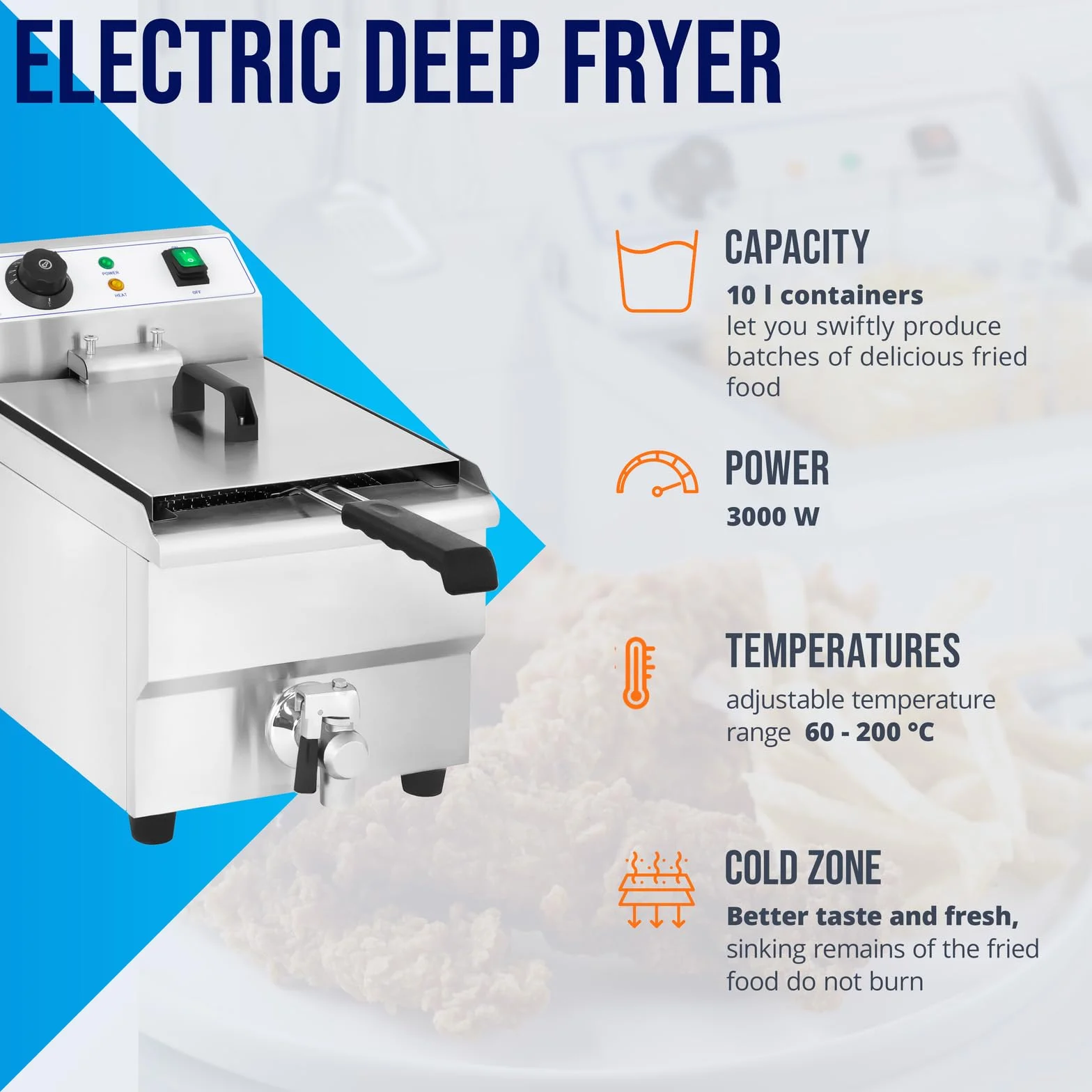Royal Catering Freidora Electrica Profesional RCEF 10EH-1 (10 L, 3 000 Watt, Termostato, Grifo de vaciado, Acero inoxidable)