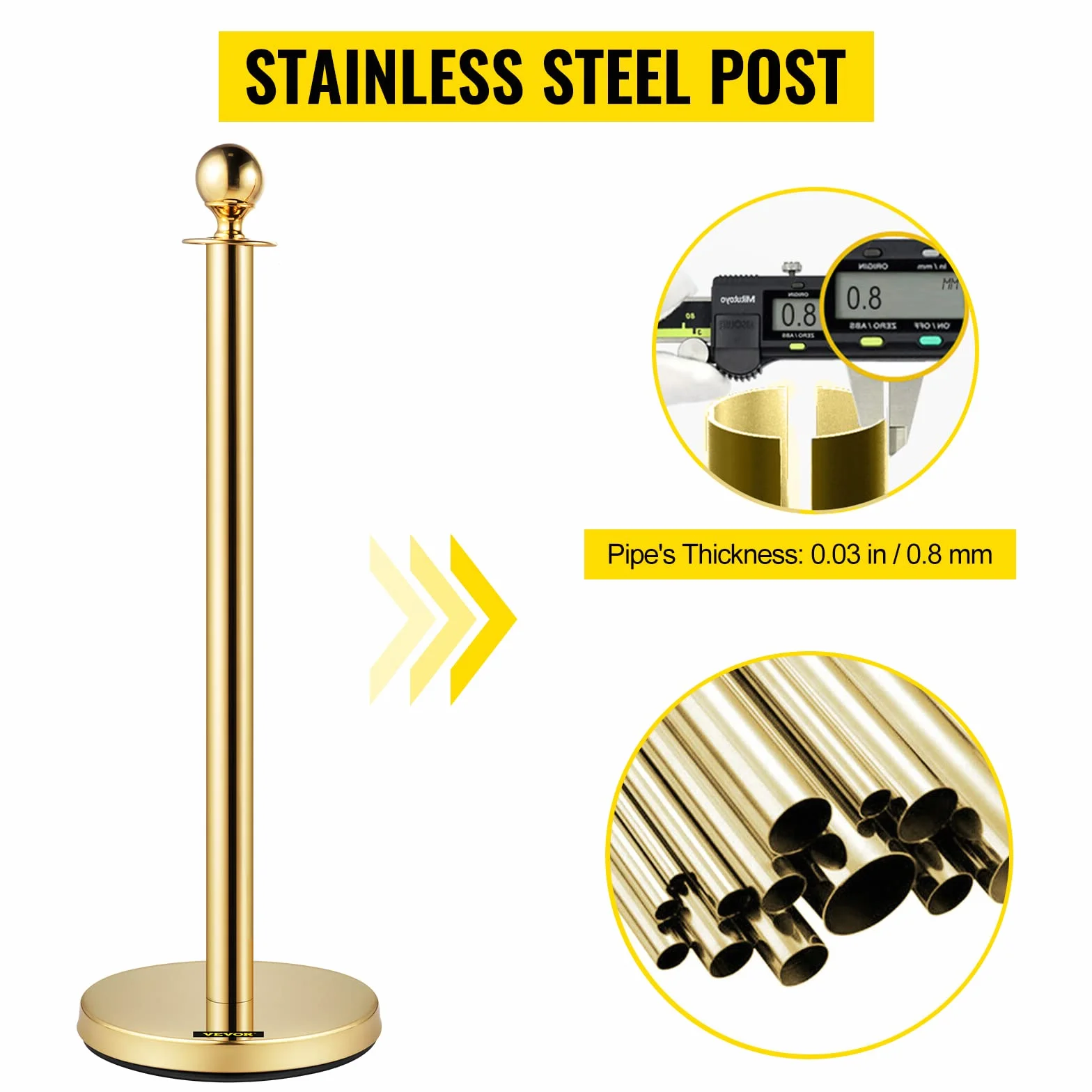 VEVOR Poste Separador de Cinta Extensible 4 Juegos Barreras de Seguridad 3 Cuerdas 1.5m Dorado