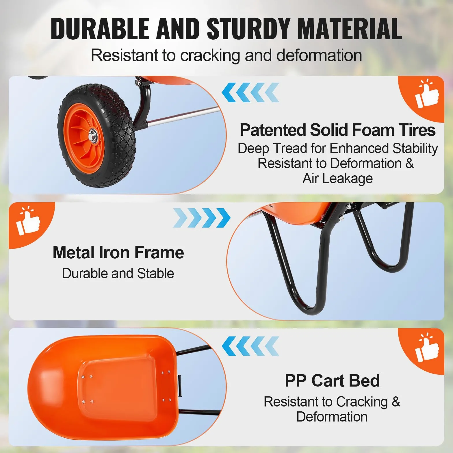 VEVOR Carretilla para Jardín Carga de 180 kg Carro de Descarga con 2 Ruedas de 25,4 cm y Asa Carro Utilitario de Fácil Carga Carrito para Césped al Aire Libre, Patio, Granja, Naranja y Negro